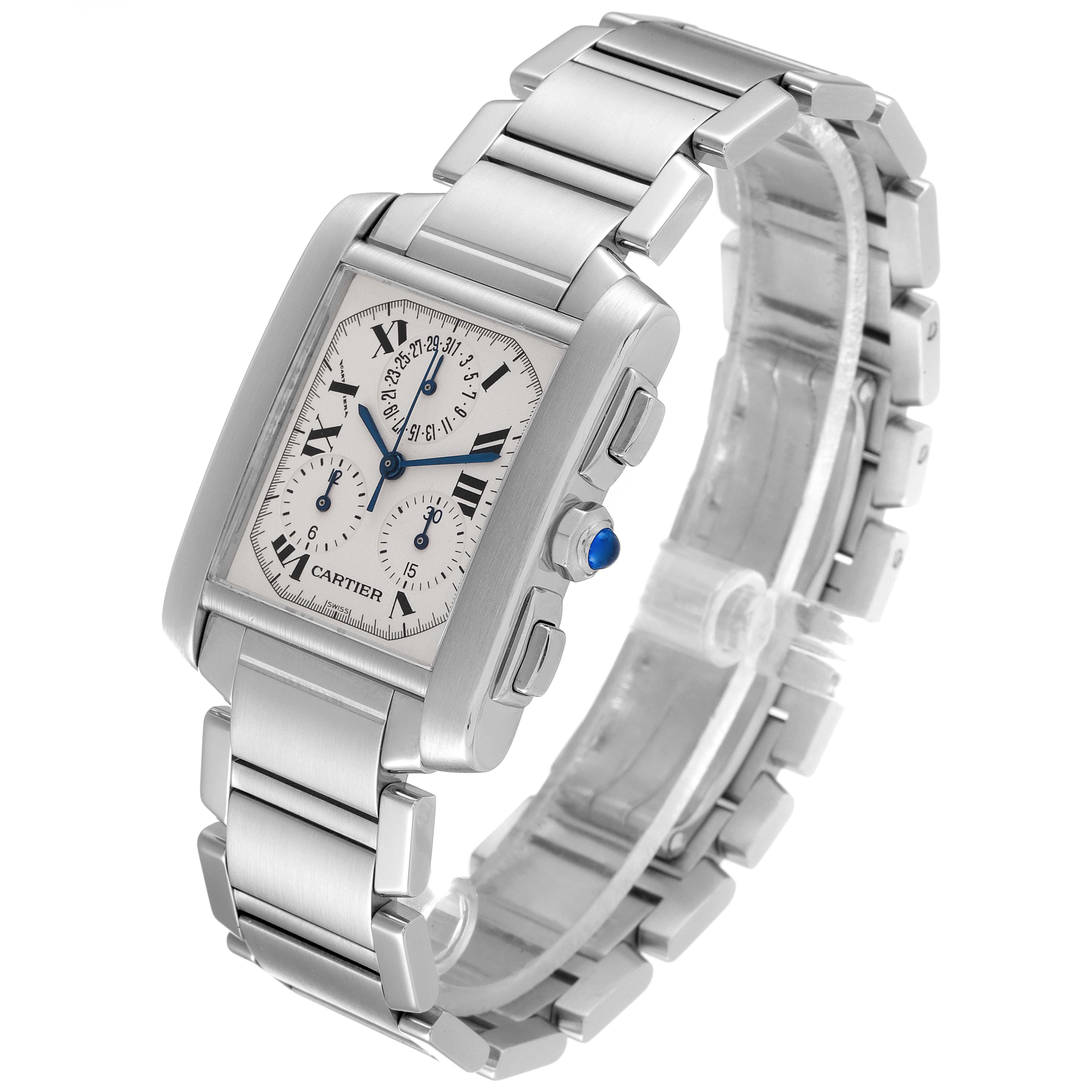 This image shows the Cartier Tank Francaise W51001Q3 Men's Stainless Steel Silver Dial W51001Q3 Men's Stainless Steel Silver Dial watch at a three-quarter view, highlighting the face, crown, and stainless steel bracelet.