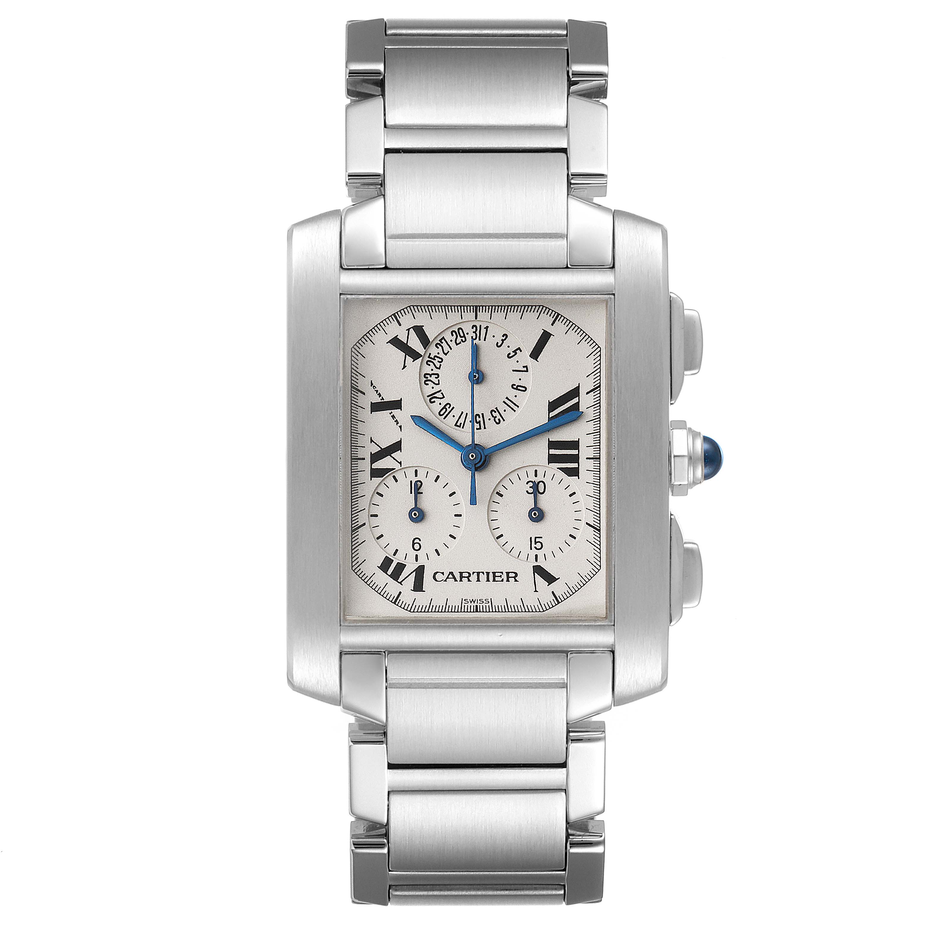 The image shows a front view of a Cartier Tank Francaise W51001Q3 Men's Stainless Steel Silver Dial W51001Q3 Men's Stainless Steel Silver Dial watch, highlighting its rectangular face, Roman numeral markers, and metal bracelet.