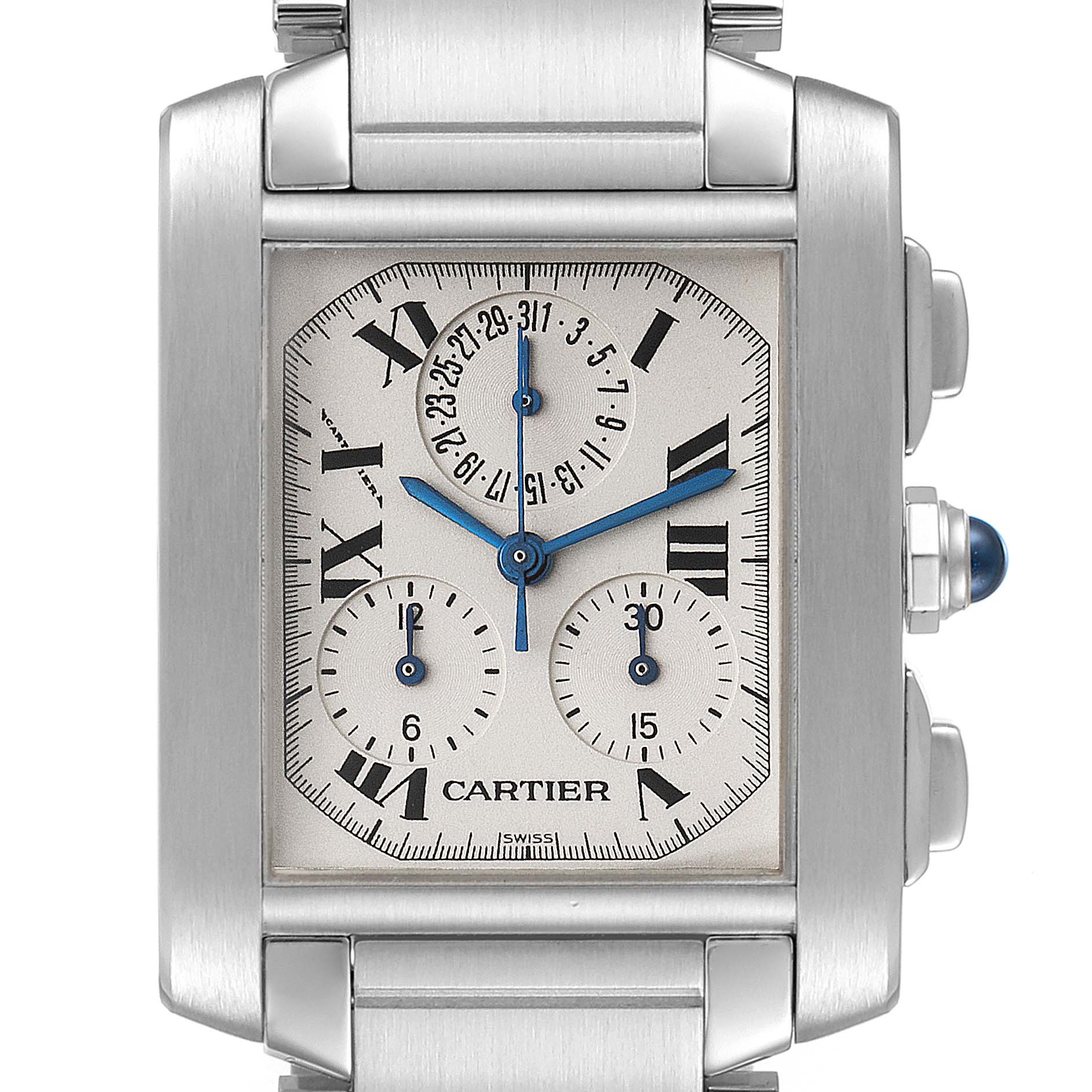 The Cartier Tank Francaise W51001Q3 Men's Stainless Steel Silver Dial W51001Q3 Men's Stainless Steel Silver Dial watch is shown from a front angle, displaying its rectangular face, Roman numerals, and subdials.