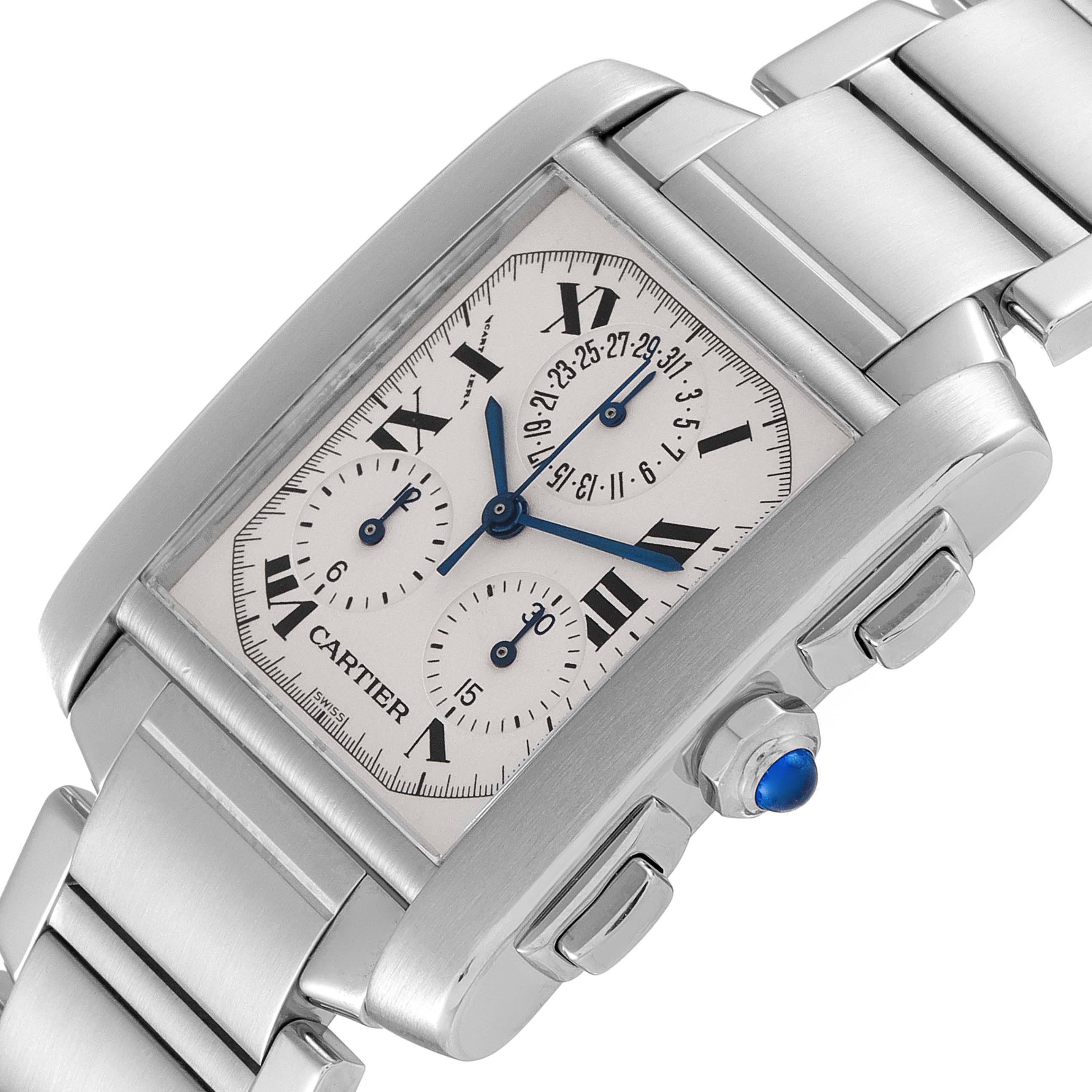 The image shows a Cartier Tank Francaise W51001Q3 Men's Stainless Steel Silver Dial W51001Q3 Men's Stainless Steel Silver Dial watch at an angled, close-up view, highlighting the face, crown with a blue cabochon, and metal bracelet.