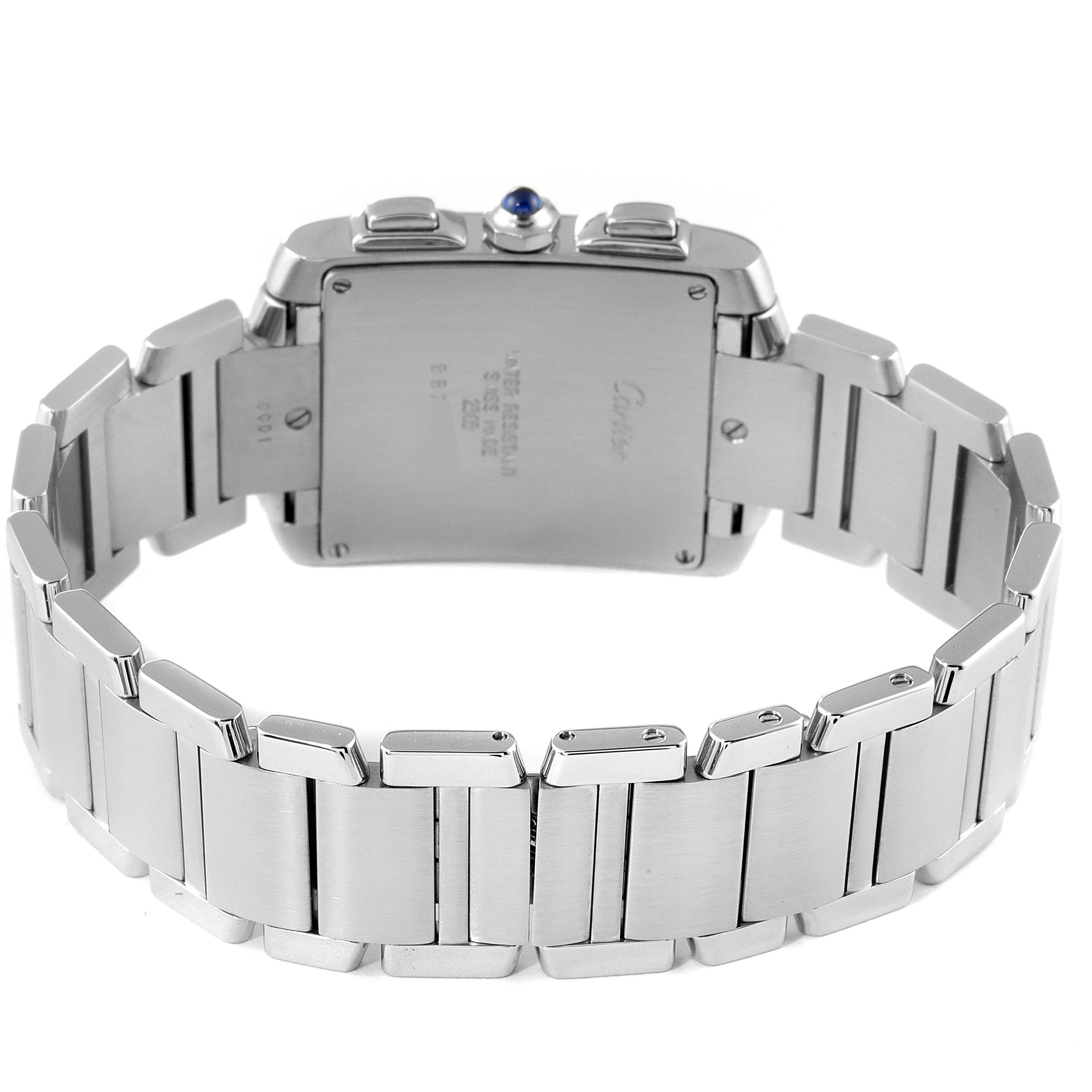 The image shows the back view of a Cartier Tank Francaise W51001Q3 Men's Stainless Steel Silver Dial W51001Q3 Men's Stainless Steel Silver Dial watch, highlighting the stainless steel bracelet and case back.