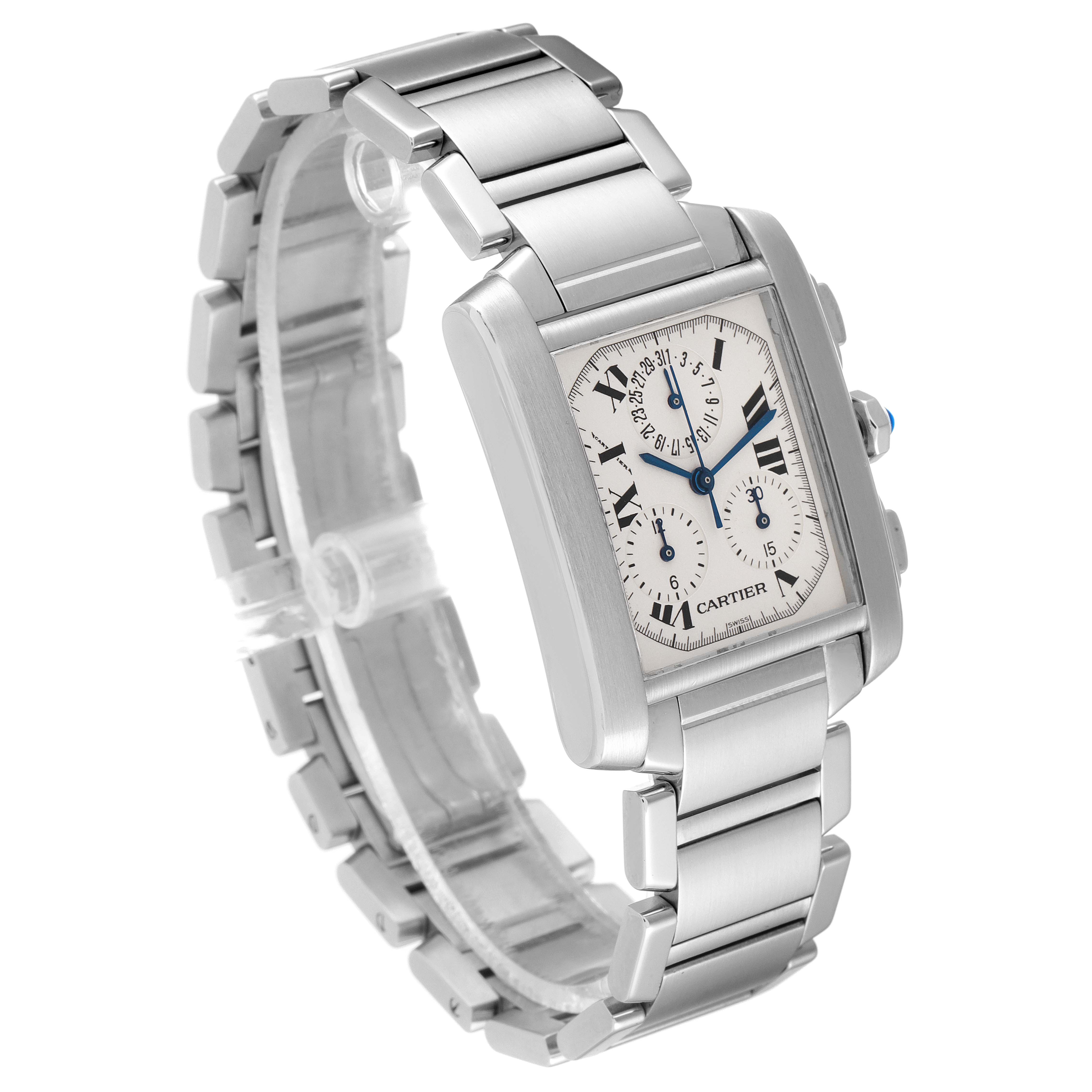 The image shows a Tank Française model by Cartier, angled to display its stainless steel bracelet and rectangular face with subdials.