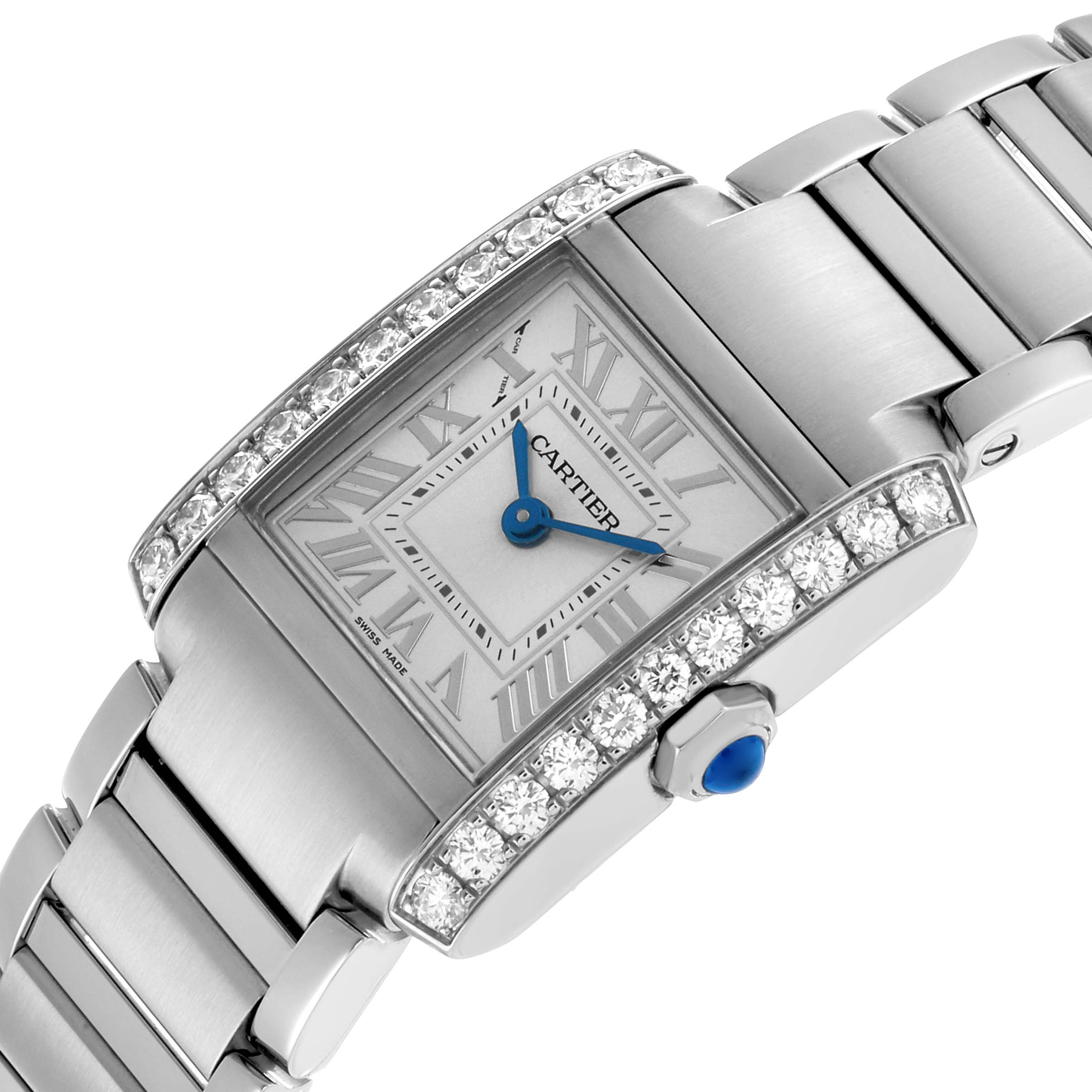 The Cartier Tank Française watch is shown at an angled view featuring the face, bezel, diamond details, and part of the bracelet.