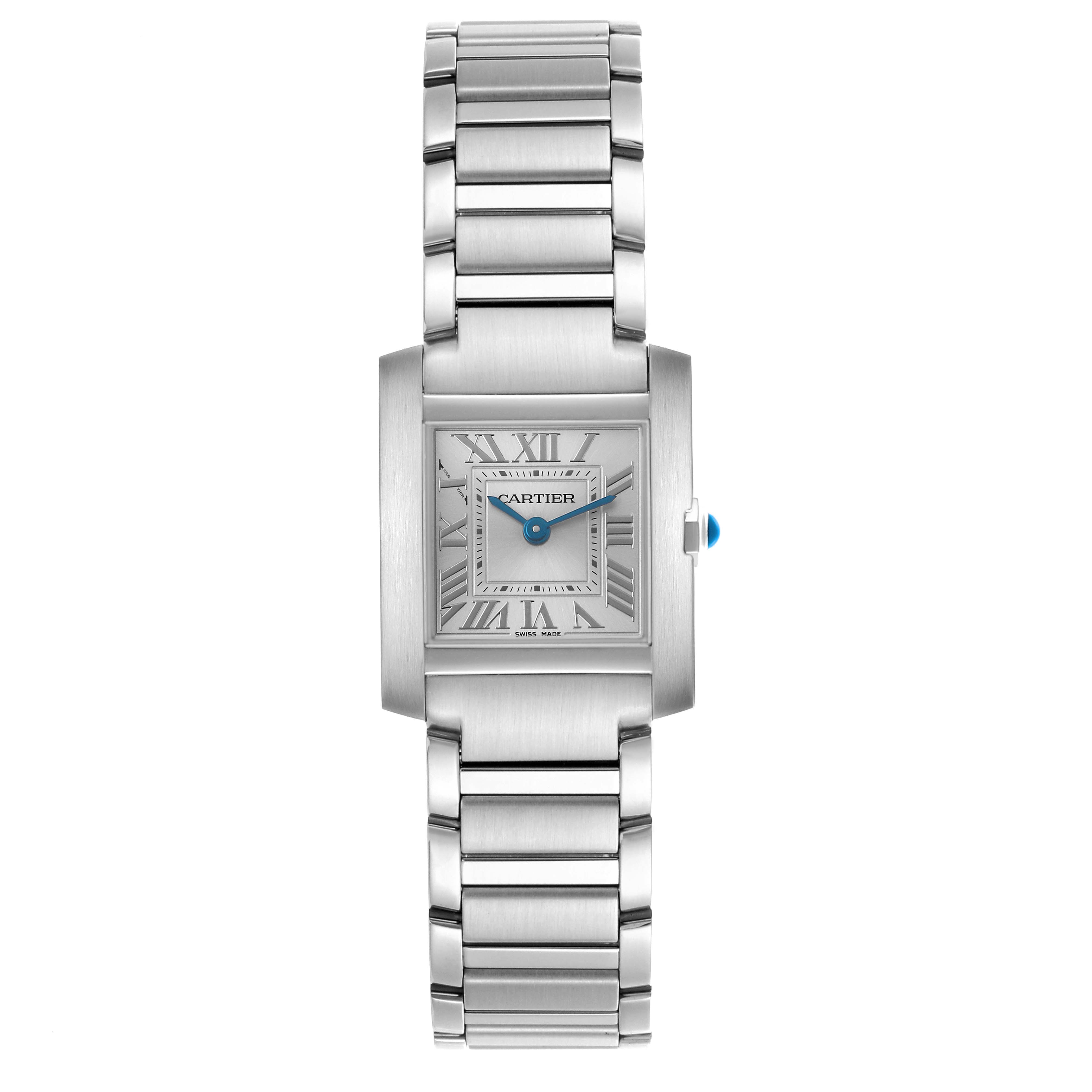 The Cartier Tank Francaise W4TA0020 Women's Stainless Steel Silver Dial watch is shown from a front angle, displaying the face, bracelet, and distinctive blue crown.