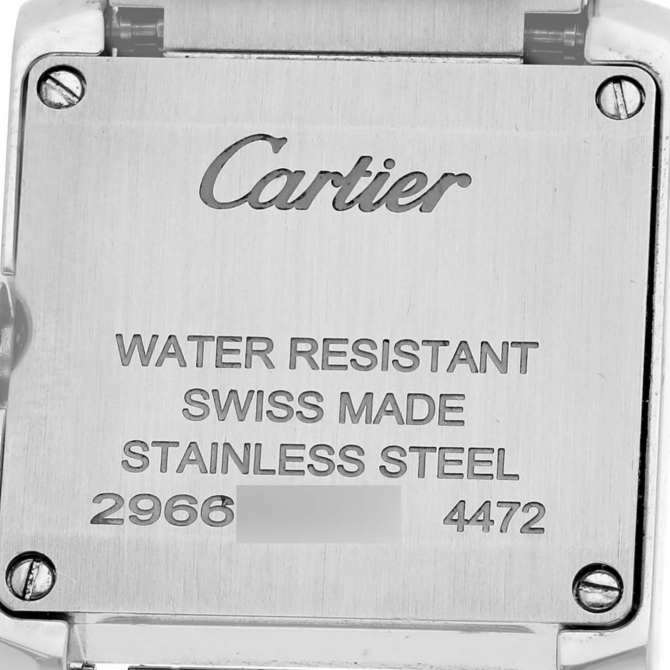 The image shows the back of a Cartier Tank Française watch, highlighting its stainless steel and water-resistant features.