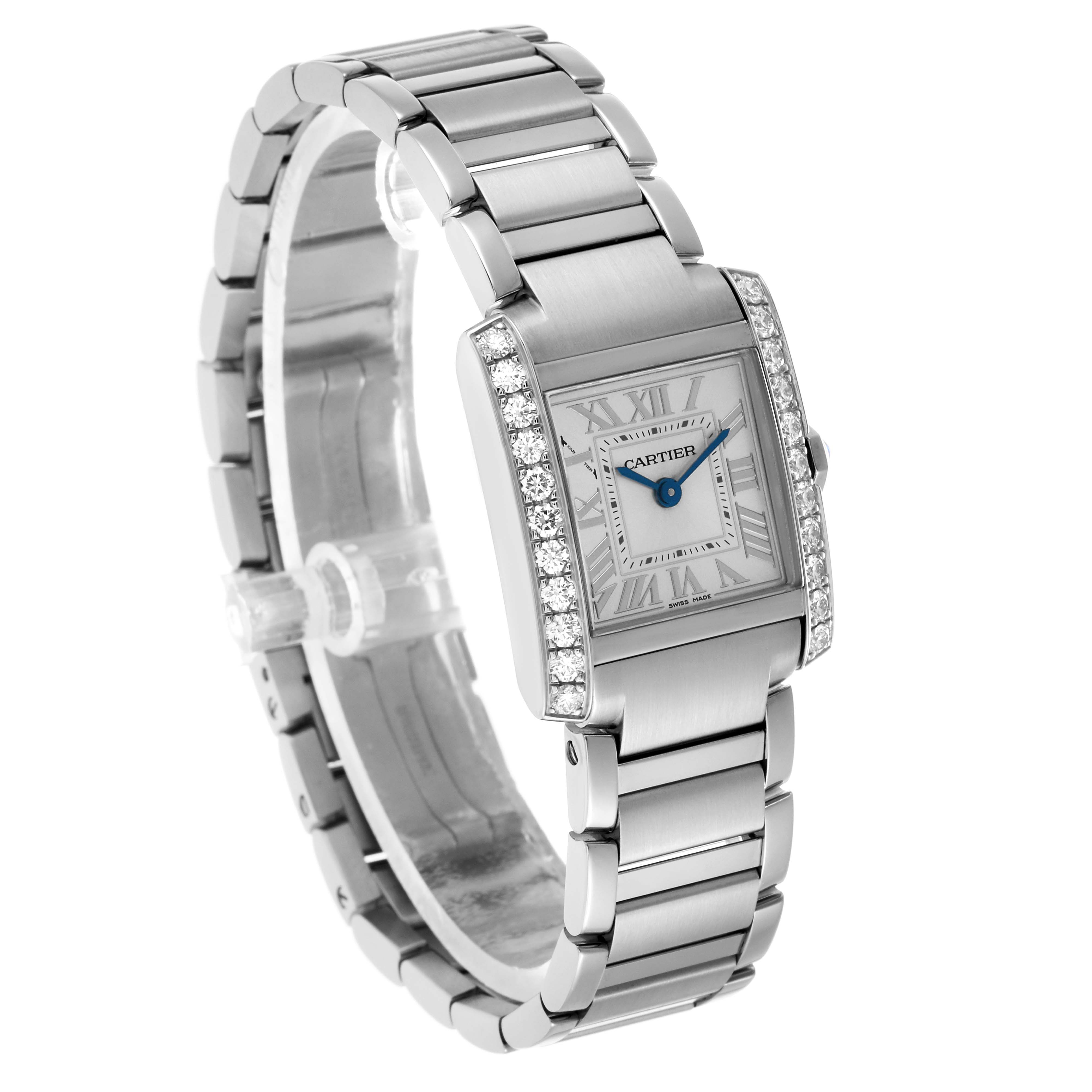 The Cartier Tank Francaise W4TA0020 Women's Stainless Steel Silver Dial watch is shown at a three-quarter angle, displaying its bracelet, diamond-set bezel, and dial.