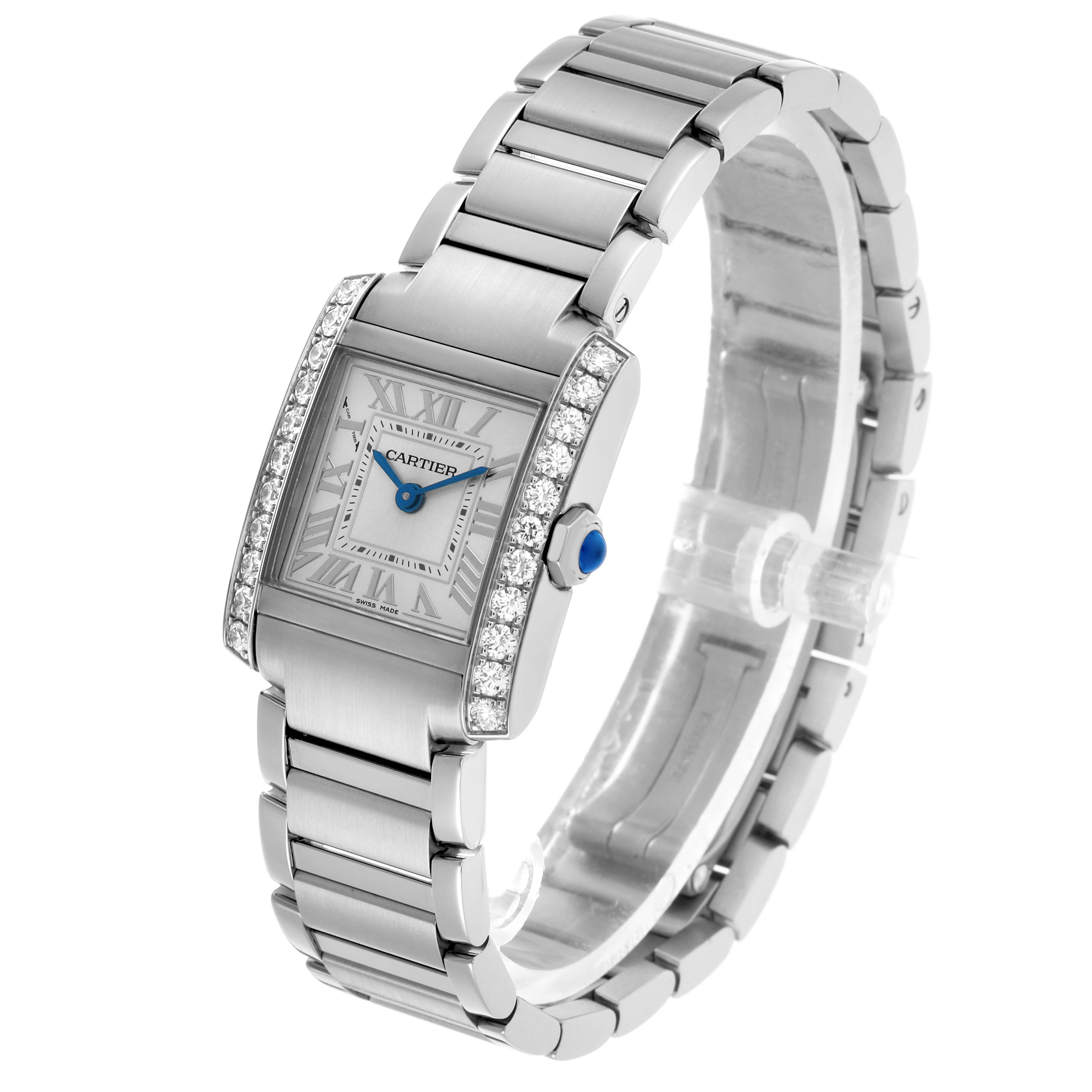 The Cartier Tank Francaise W4TA0020 Women's Stainless Steel Silver Dial watch is angled to show the face, diamond-studded case, and the metal bracelet in a three-quarter view.