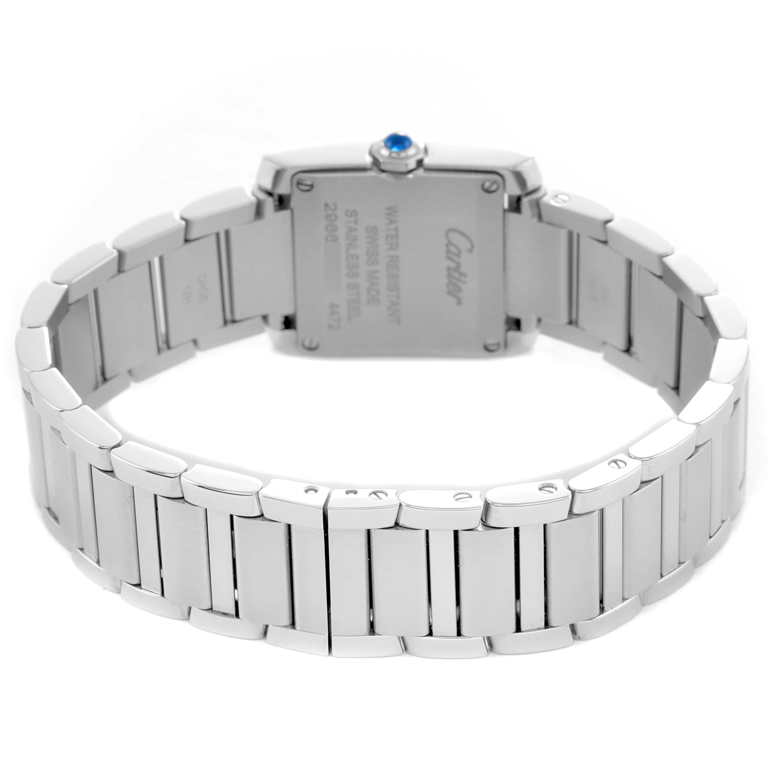The image shows the back view of the Cartier Tank Francaise W4TA0020 Women's Stainless Steel Silver Dial, highlighting the bracelet and clasp, with a focus on the case back and crown.