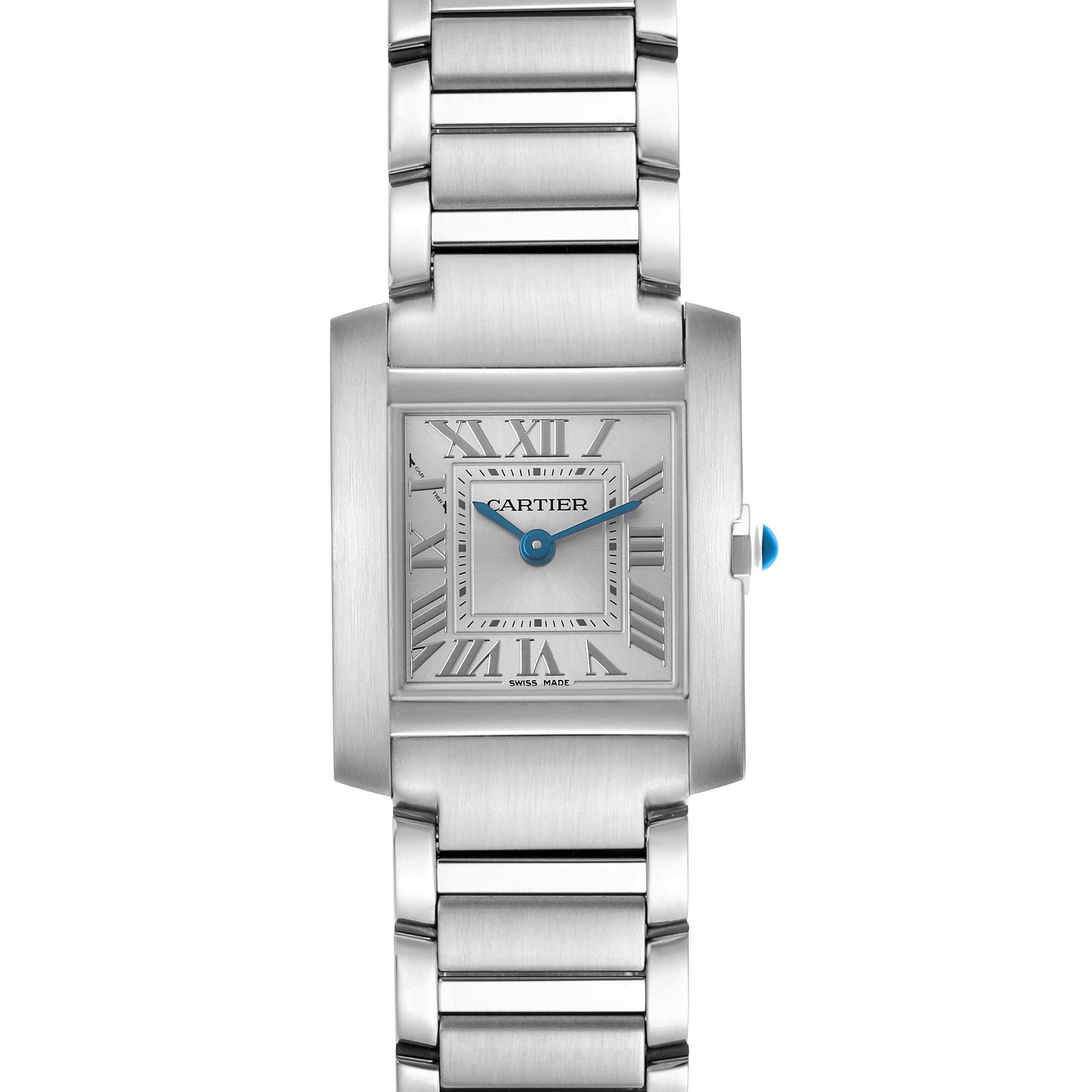 The Cartier Tank Française is shown from a frontal angle, displaying the face, bracelet, and crown.