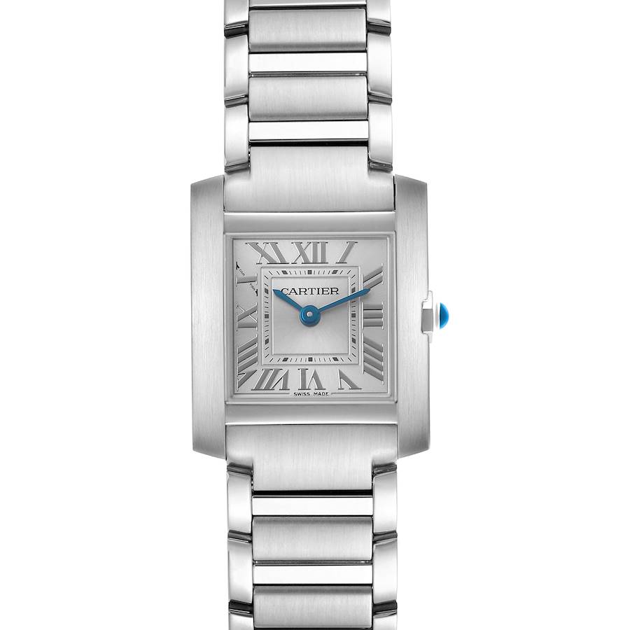 The Cartier Tank Française is shown from a frontal angle, displaying the face, bracelet, and crown.