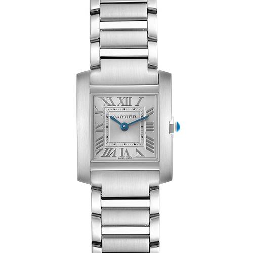 The image shows a frontal view of the Cartier Tank Française watch, displaying its square face, bracelet, and crown detail.