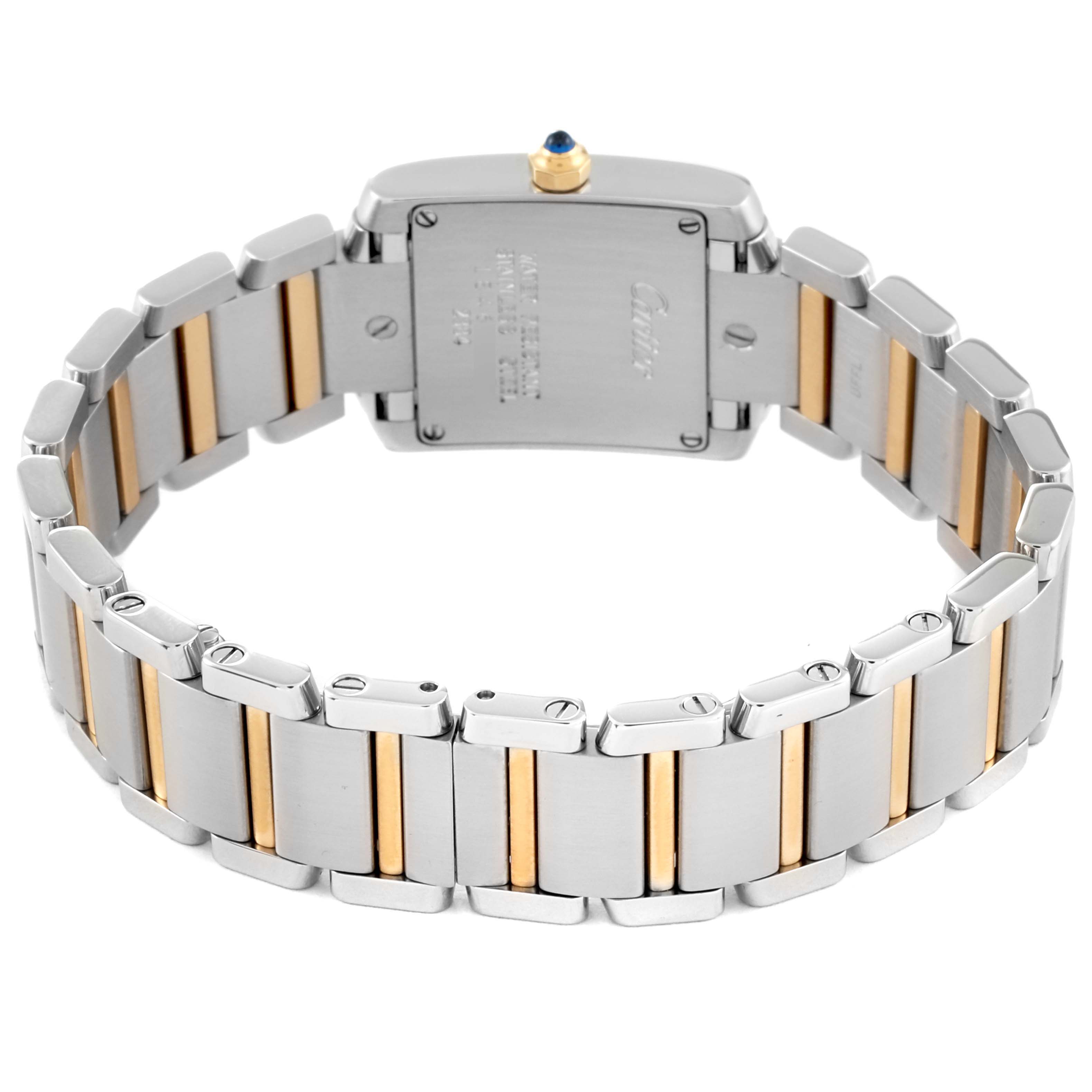 This image shows the back view of the Cartier Tank Francaise W51007Q4 Women
s Steel and Gold (two tone) Silver Dial W51007Q4 Women
s Steel and Gold (two tone) Silver Dial watch, highlighting the two-tone bracelet and case back.