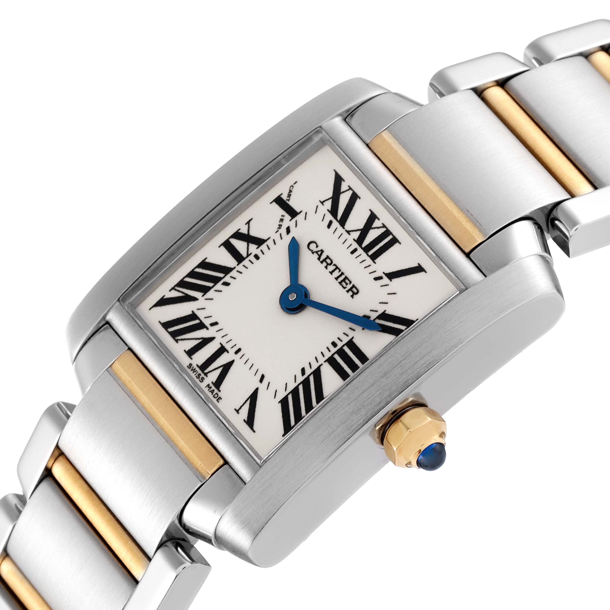 The image shows a close-up angle of the Cartier Tank Francaise W51007Q4 Women
s Steel and Gold (two tone) Silver Dial W51007Q4 Women
s Steel and Gold (two tone) Silver Dial watch, highlighting the dial, bracelet, and crown.