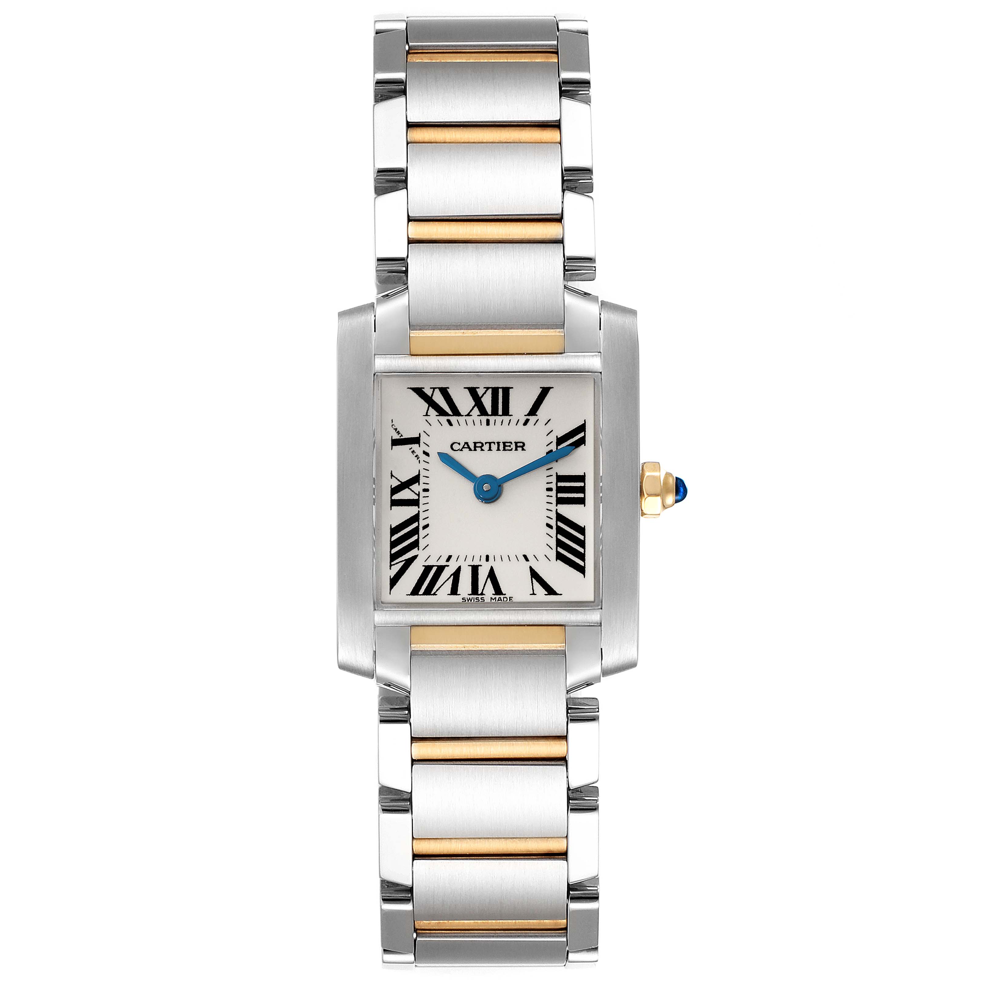The image shows a frontal view of the Cartier Tank Française model, highlighting its dial, bracelet, and crown.