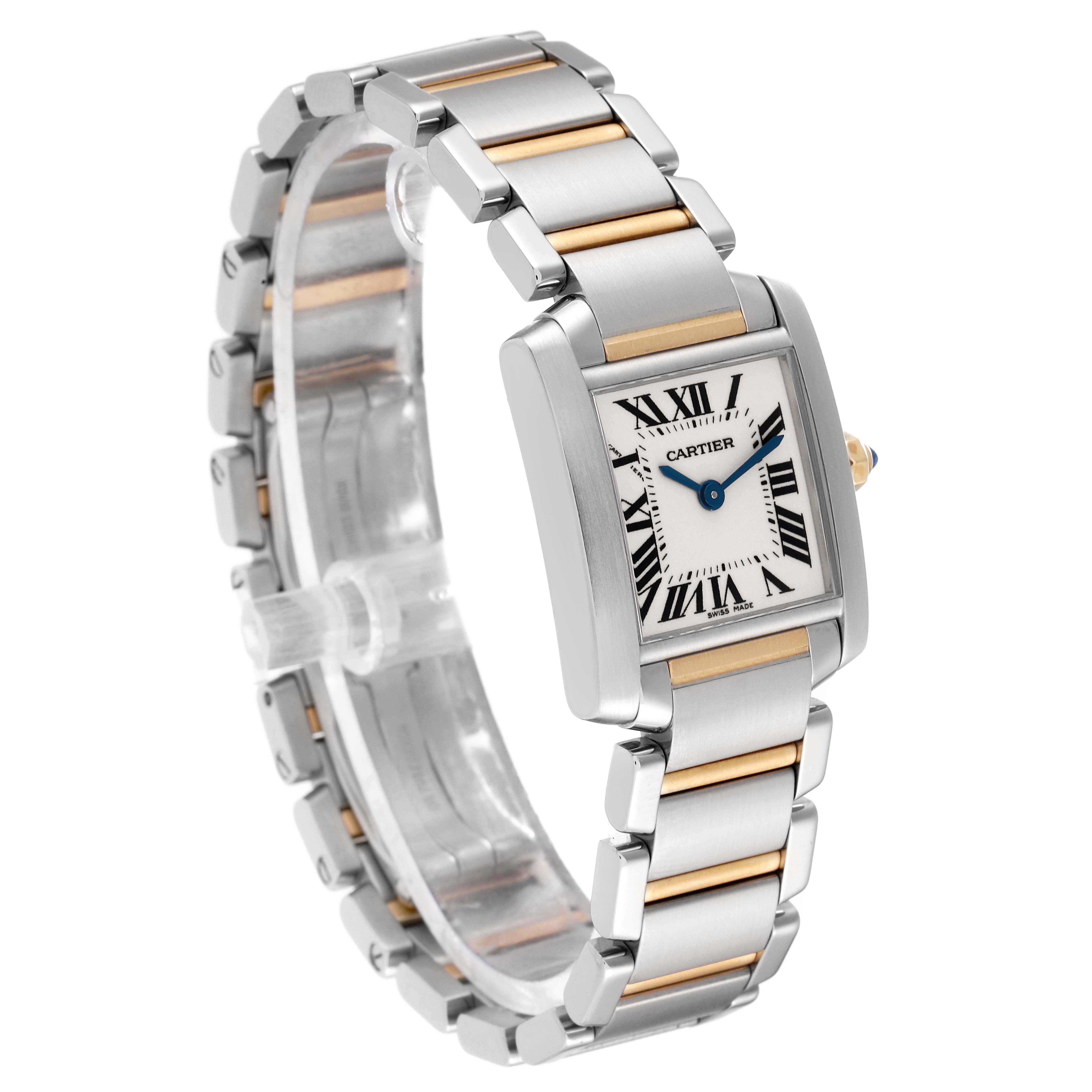 The image shows a side and front angle of the Cartier Tank Française watch, highlighting its rectangular face and two-tone metal bracelet.