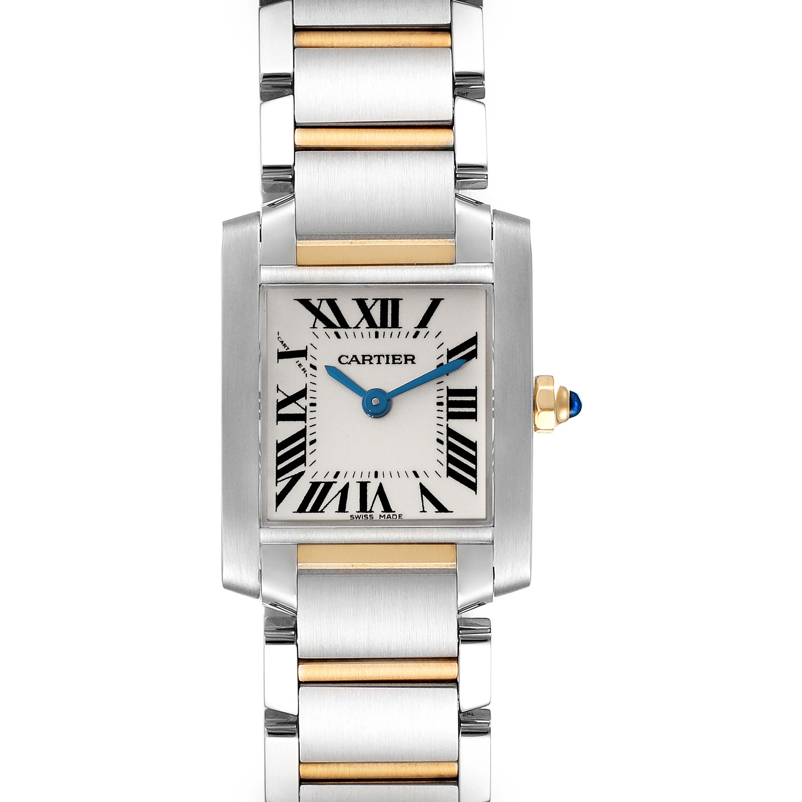 This image shows a frontal view of the Cartier Tank Francaise W51007Q4 Women
s Steel and Gold (two tone) Silver Dial W51007Q4 Women
s Steel and Gold (two tone) Silver Dial watch, highlighting its rectangular face and dual-tone bracelet.