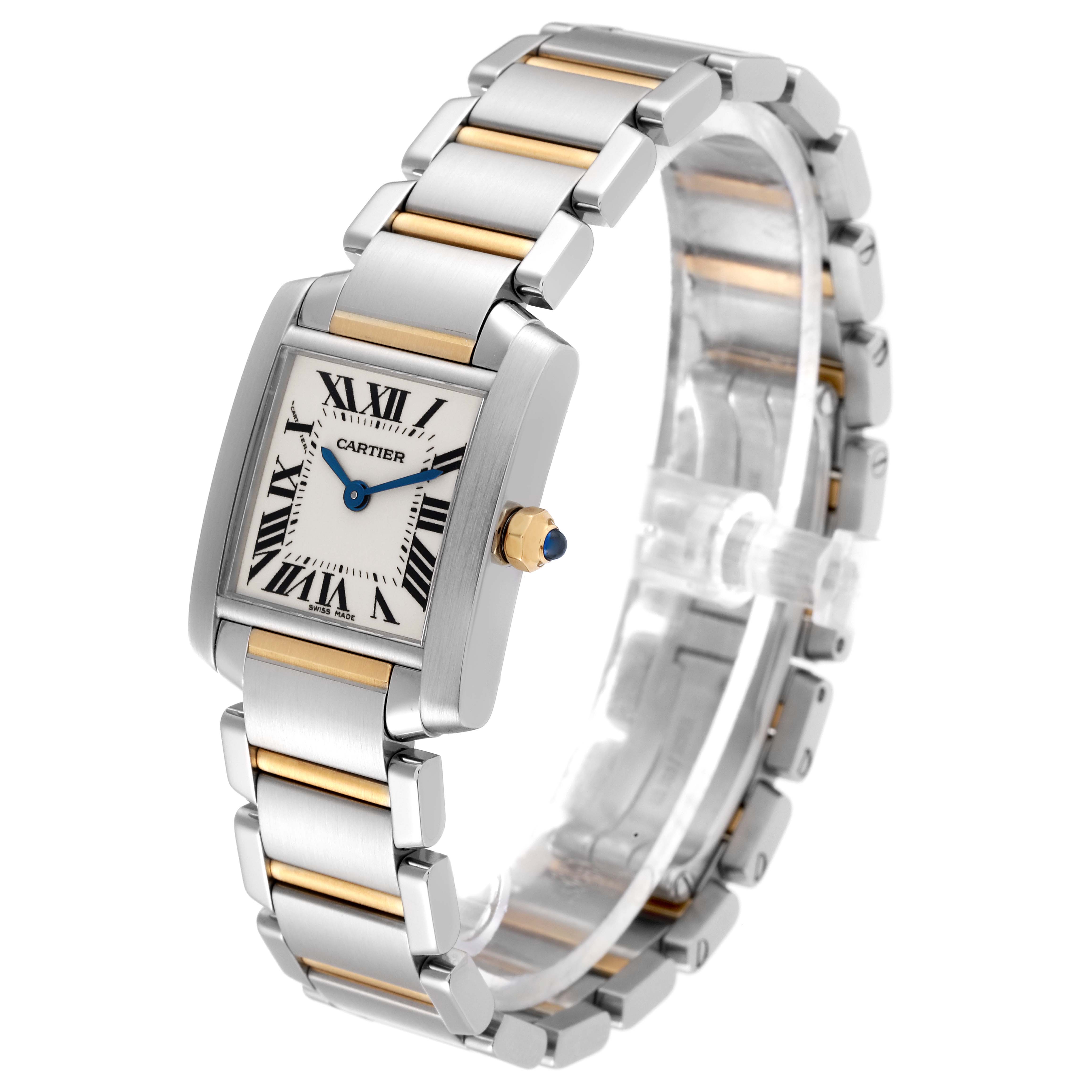 The Cartier Tank Française watch is shown at an angle highlighting its rectangular face, Roman numerals, and two-tone bracelet.