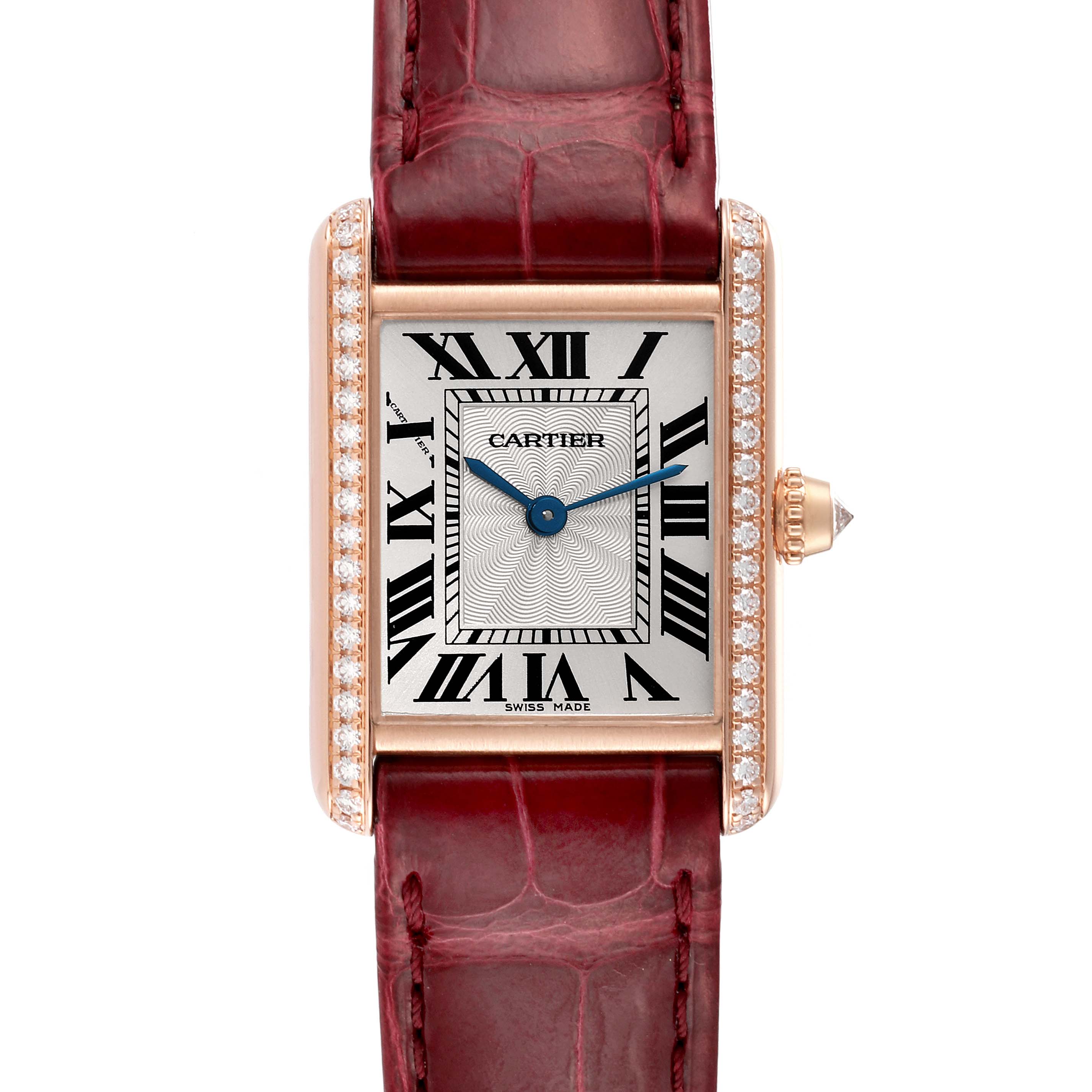 This Cartier Tank Louis WJTA0010 Women's Rose Gold Silver Dial WJTA0010 Women's Rose Gold Silver Dial watch is shown from the front, featuring its rectangular face, Roman numerals, blue hands, and red leather strap.
