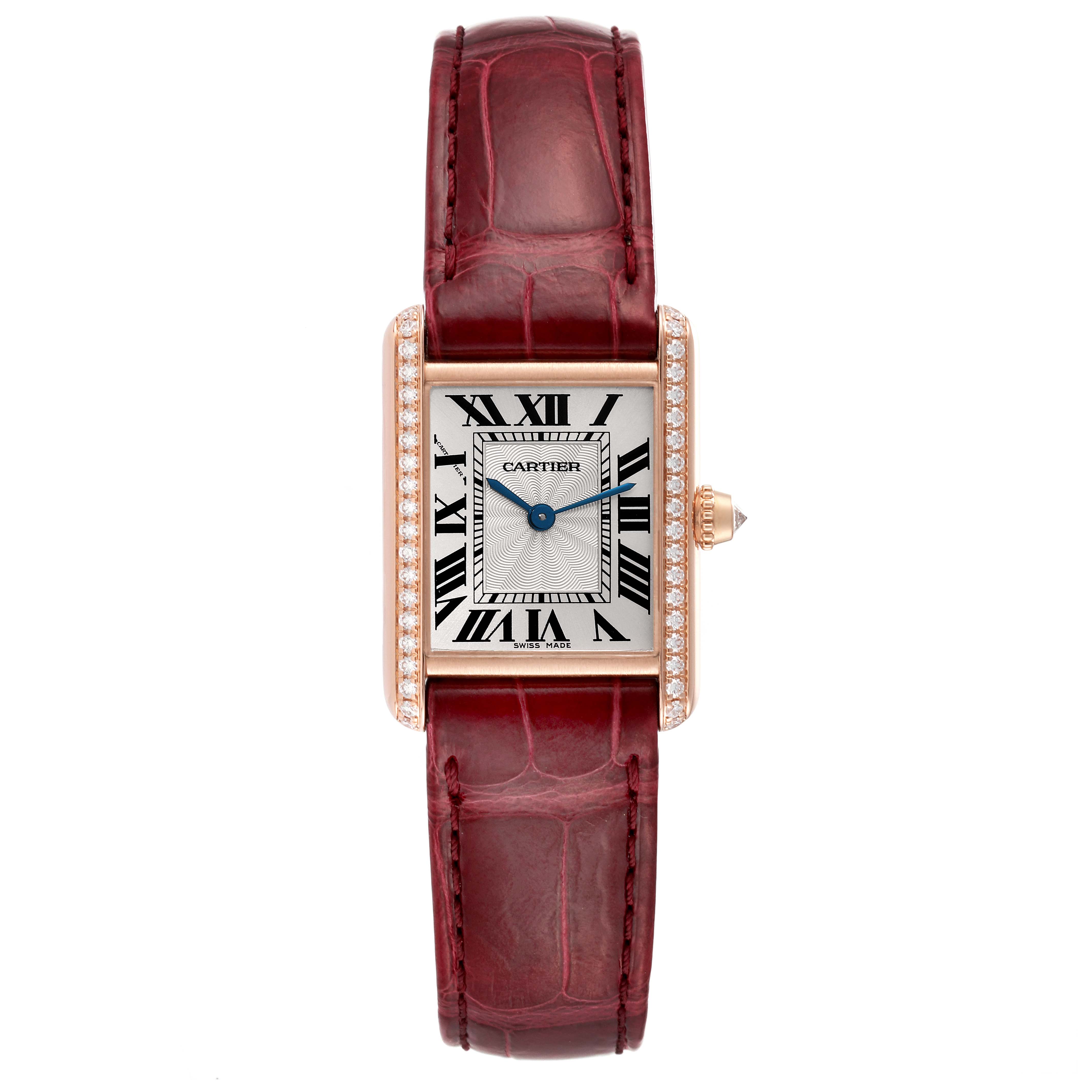 The image shows a Cartier Tank Louis WJTA0010 Women's Rose Gold Silver Dial WJTA0010 Women's Rose Gold Silver Dial watch facing front, displaying its rectangular dial, Roman numerals, leather strap, and diamond-embedded bezel.