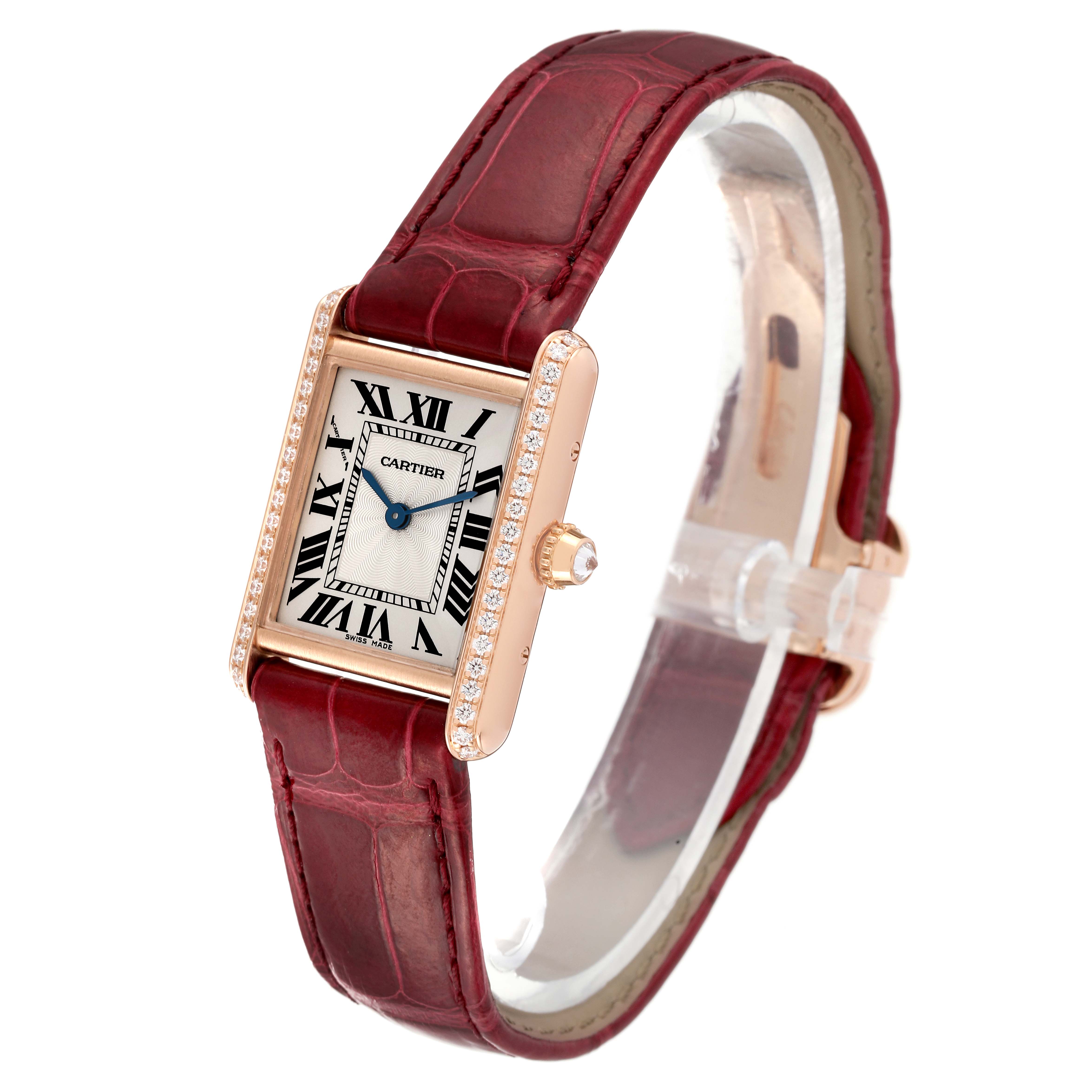 The Cartier Tank Louis WJTA0010 Women's Rose Gold Silver Dial WJTA0010 Women's Rose Gold Silver Dial watch is shown at an angled view displaying its face, crown, strap, and diamond bezel.