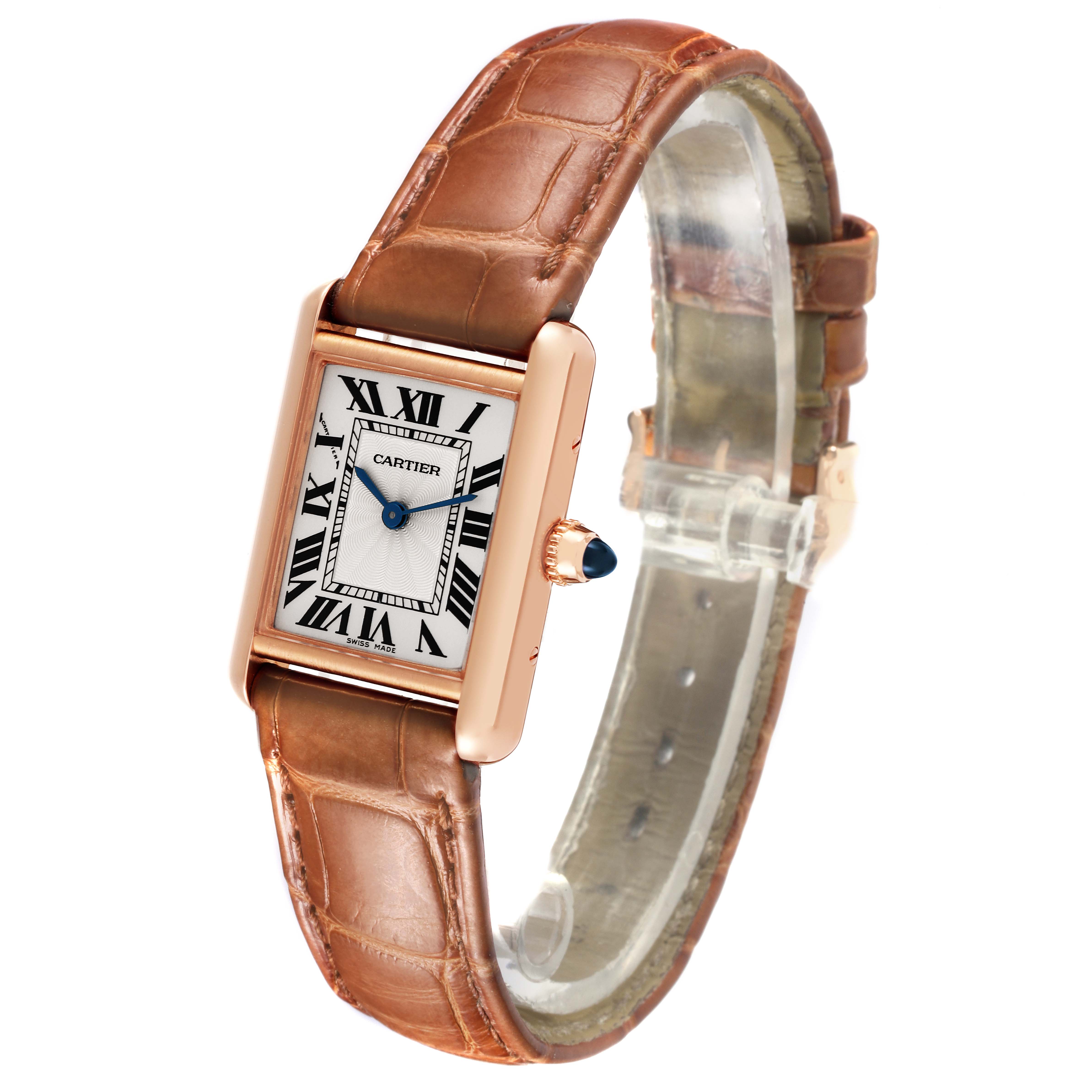 The Cartier Tank Louis WGTA0010 Women's Yellow Gold Silver Dial WGTA0010 Women's Yellow Gold Silver Dial watch is shown at a three-quarter angle, highlighting the face, crown, and leather strap.