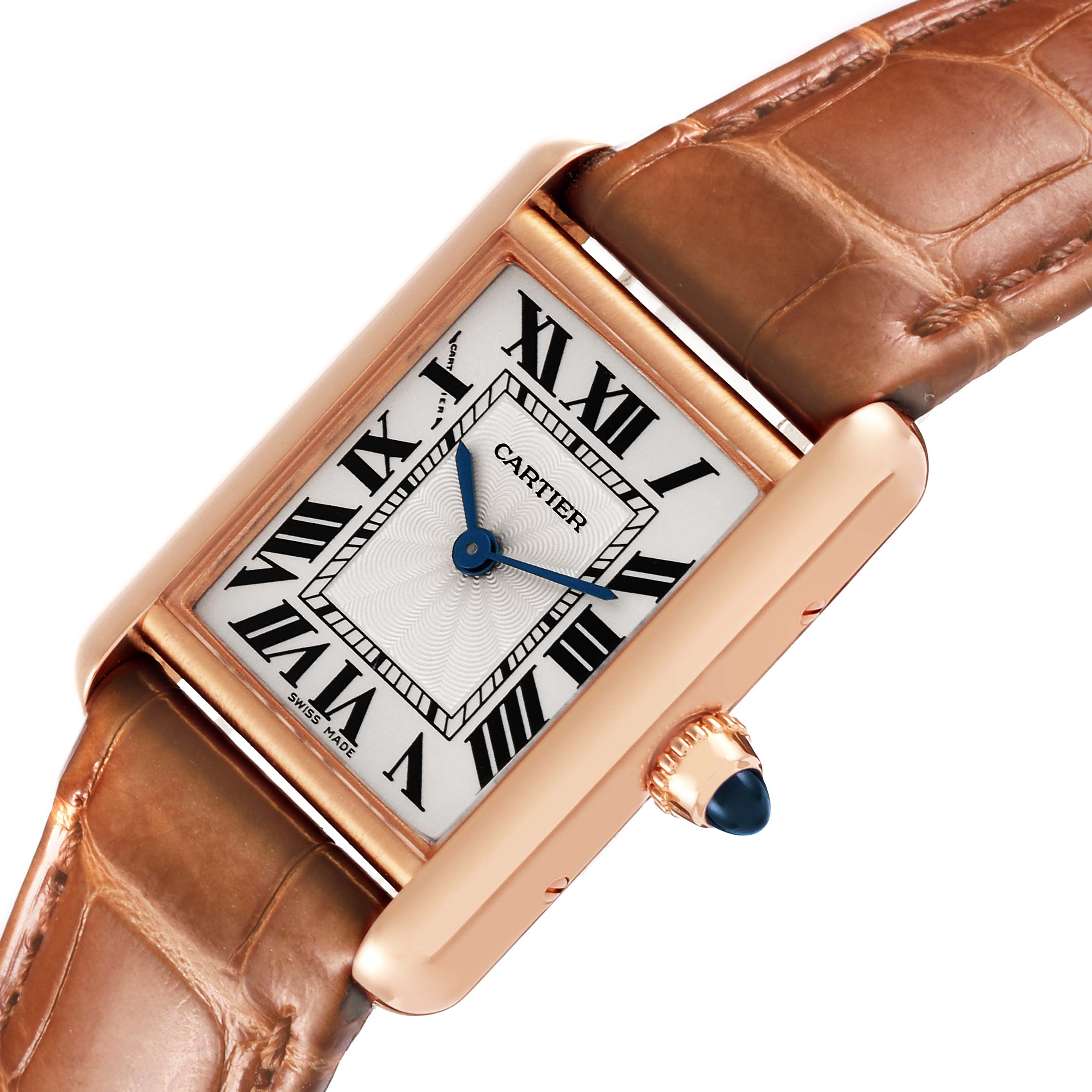 The Cartier Tank Louis WGTA0010 Women's Yellow Gold Silver Dial WGTA0010 Women's Yellow Gold Silver Dial watch is shown from an angled top view, highlighting its dial, case, crown, and leather strap.