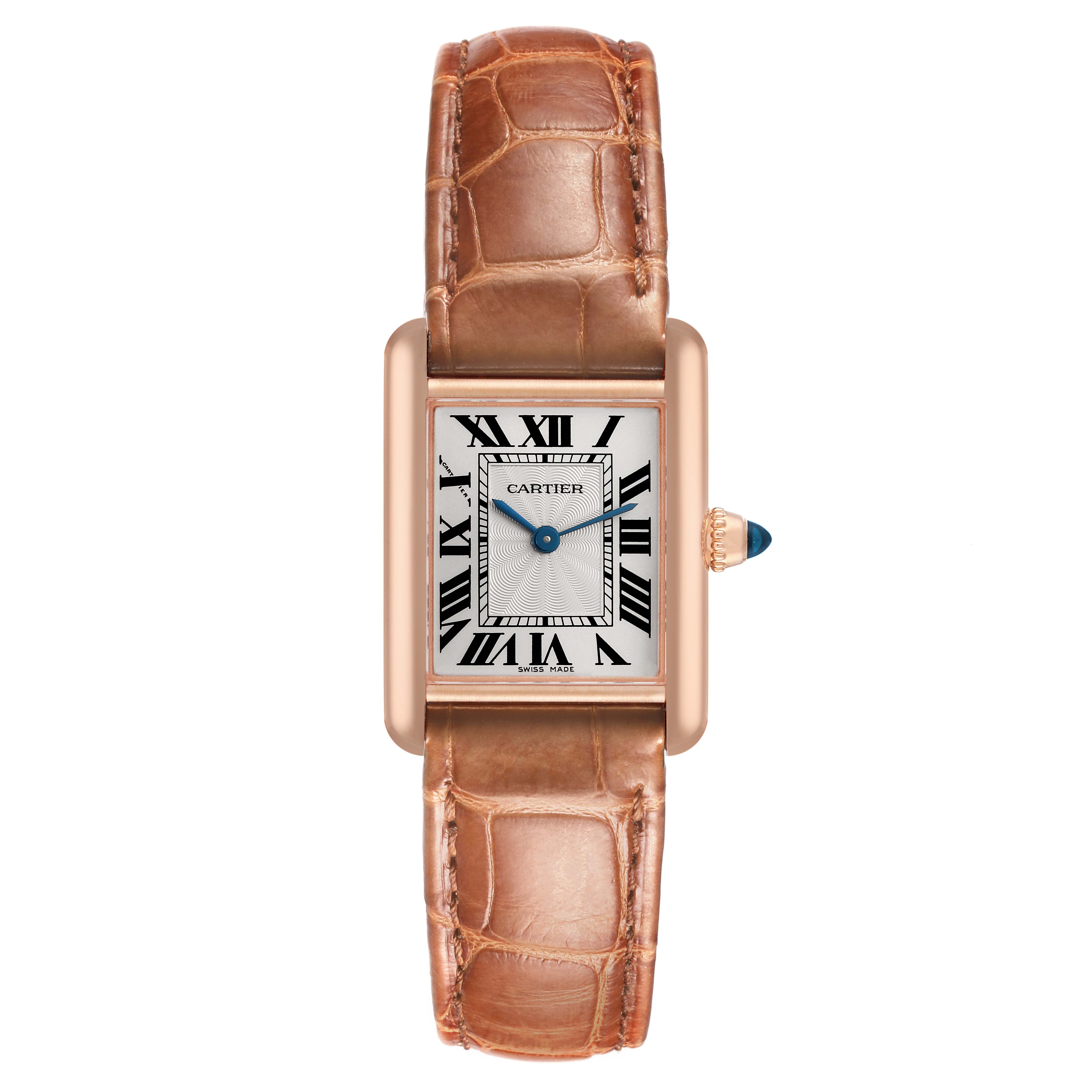 The Cartier Tank Louis WGTA0010 Women's Yellow Gold Silver Dial WGTA0010 Women's Yellow Gold Silver Dial watch is shown from a front view, displaying the face, bezel, crown, and leather strap.