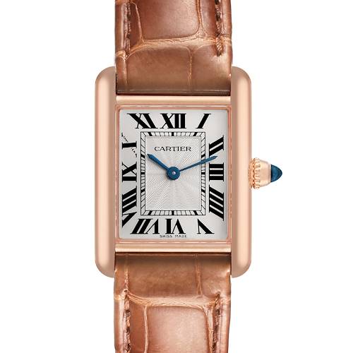 The Cartier Tank Louis watch is shown from the front, displaying the face, Roman numerals, hands, and alligator strap.