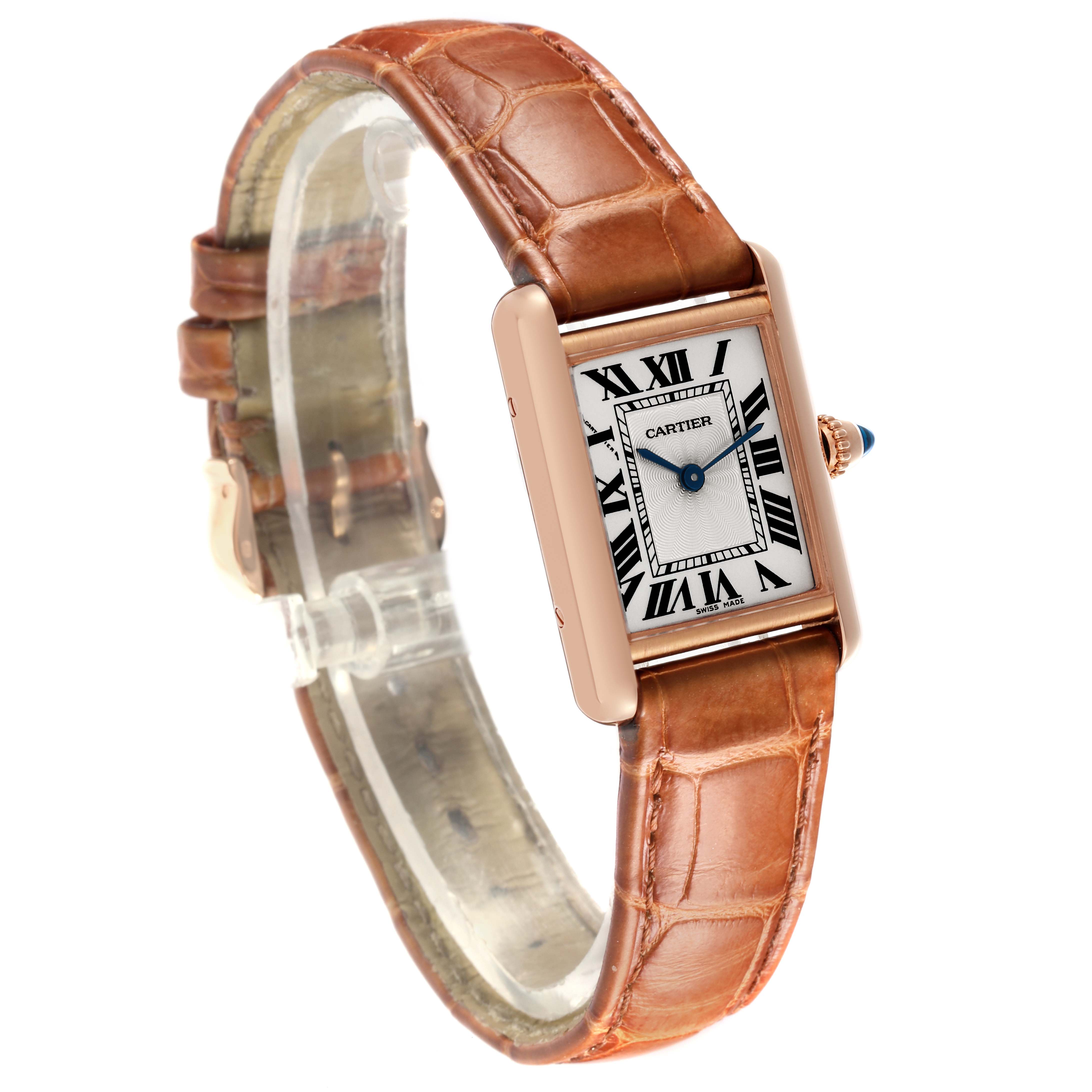 The Cartier Tank Louis WGTA0010 Women's Yellow Gold Silver Dial WGTA0010 Women's Yellow Gold Silver Dial watch is shown from a side angle, highlighting the face, case, and leather strap.