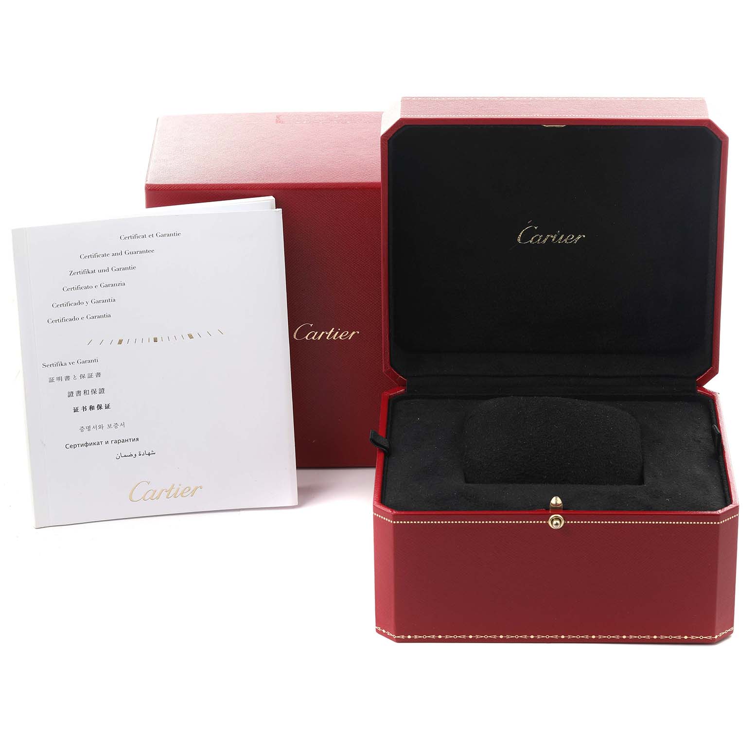 The image shows a Cartier Tank Louis WGTA0010 Women's Yellow Gold Silver Dial WGTA0010 Women's Yellow Gold Silver Dial watch box, certificate, and packaging at a frontal angle.