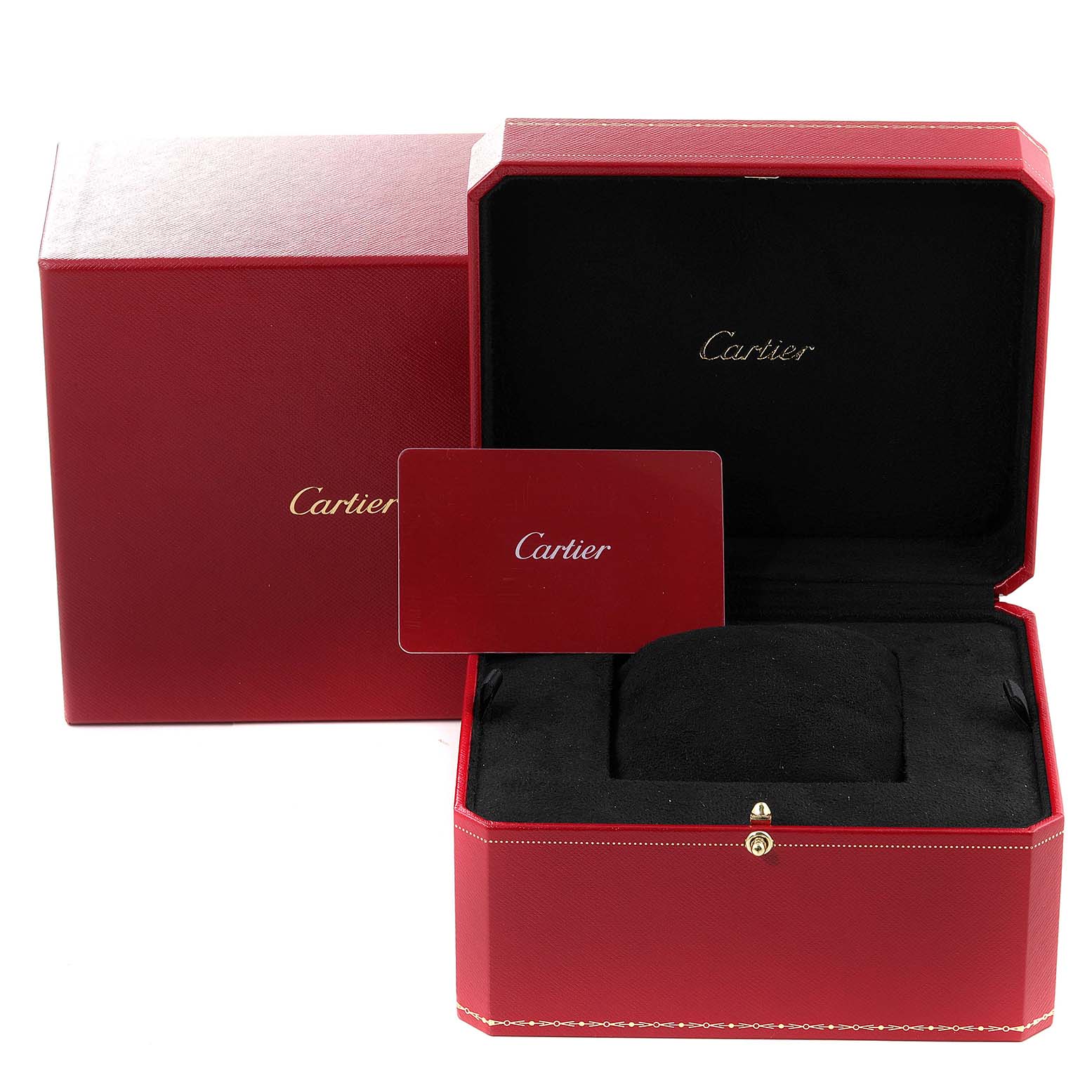 The image shows the red Cartier box and cushion for the Tank Must model, with the outer box and card also visible.
