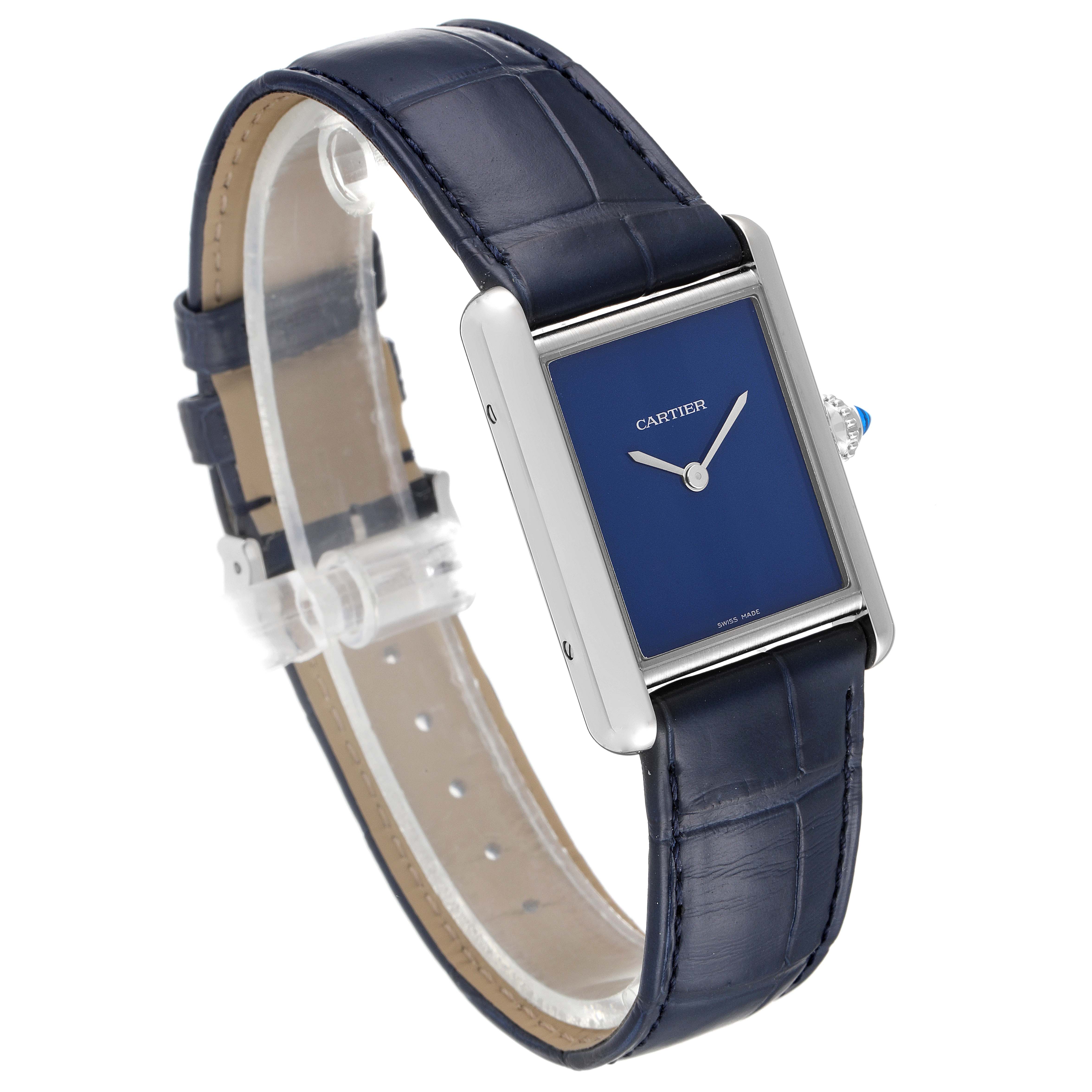 The Cartier Tank Must WSTA0055 Men's Stainless Steel Blue Dial WSTA0055 Men's Stainless Steel Blue Dial watch is shown at a slight angle highlighting the rectangular dial, strap, case, and crown.