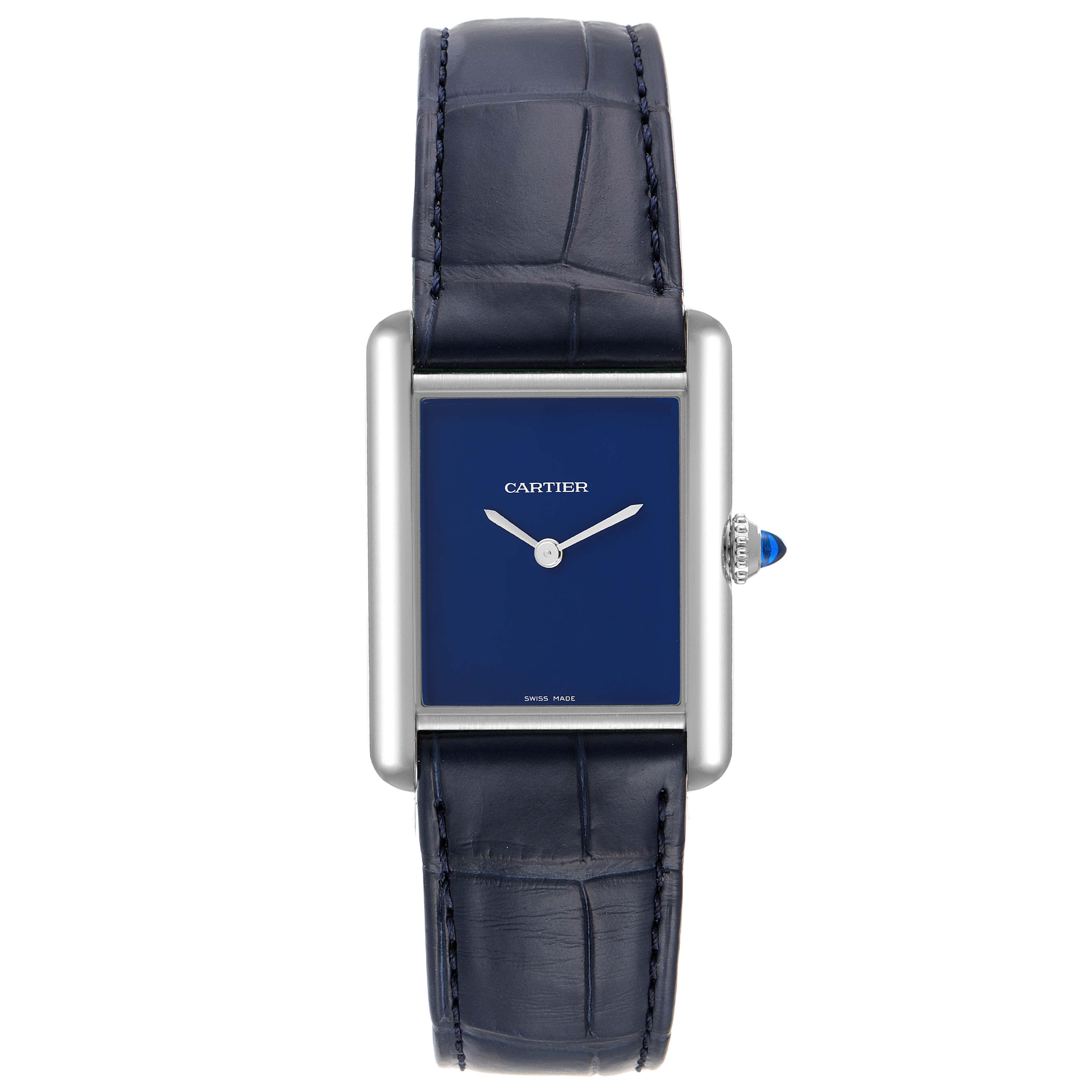 The image shows a front view of a Cartier Tank Must WSTA0055 Men's Stainless Steel Blue Dial WSTA0055 Men's Stainless Steel Blue Dial watch with a blue dial and blue leather strap.