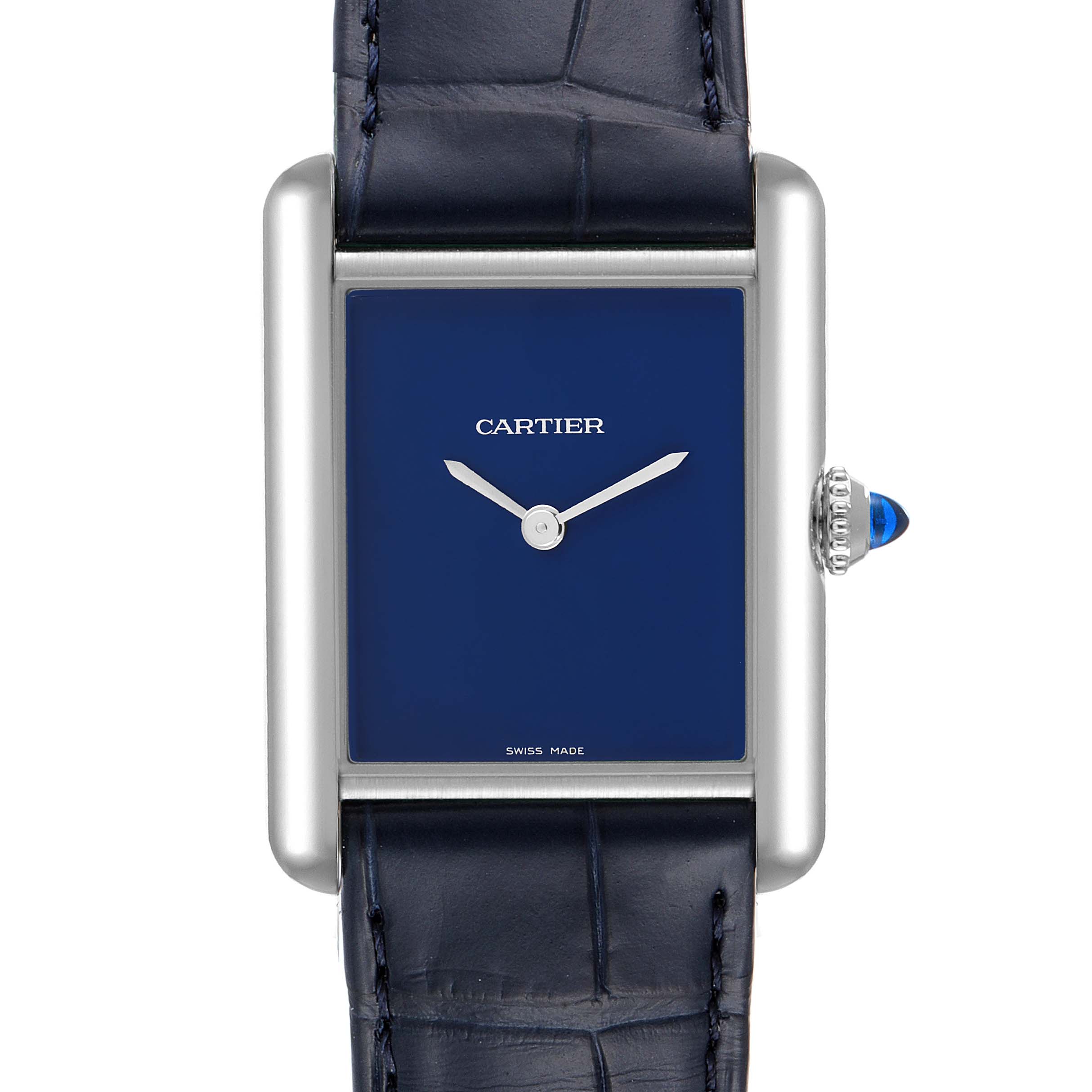 Front view of a Cartier Tank Must WSTA0055 Men's Stainless Steel Blue Dial WSTA0055 Men's Stainless Steel Blue Dial watch showing the blue dial, silver hands, rectangular case, and blue leather strap.