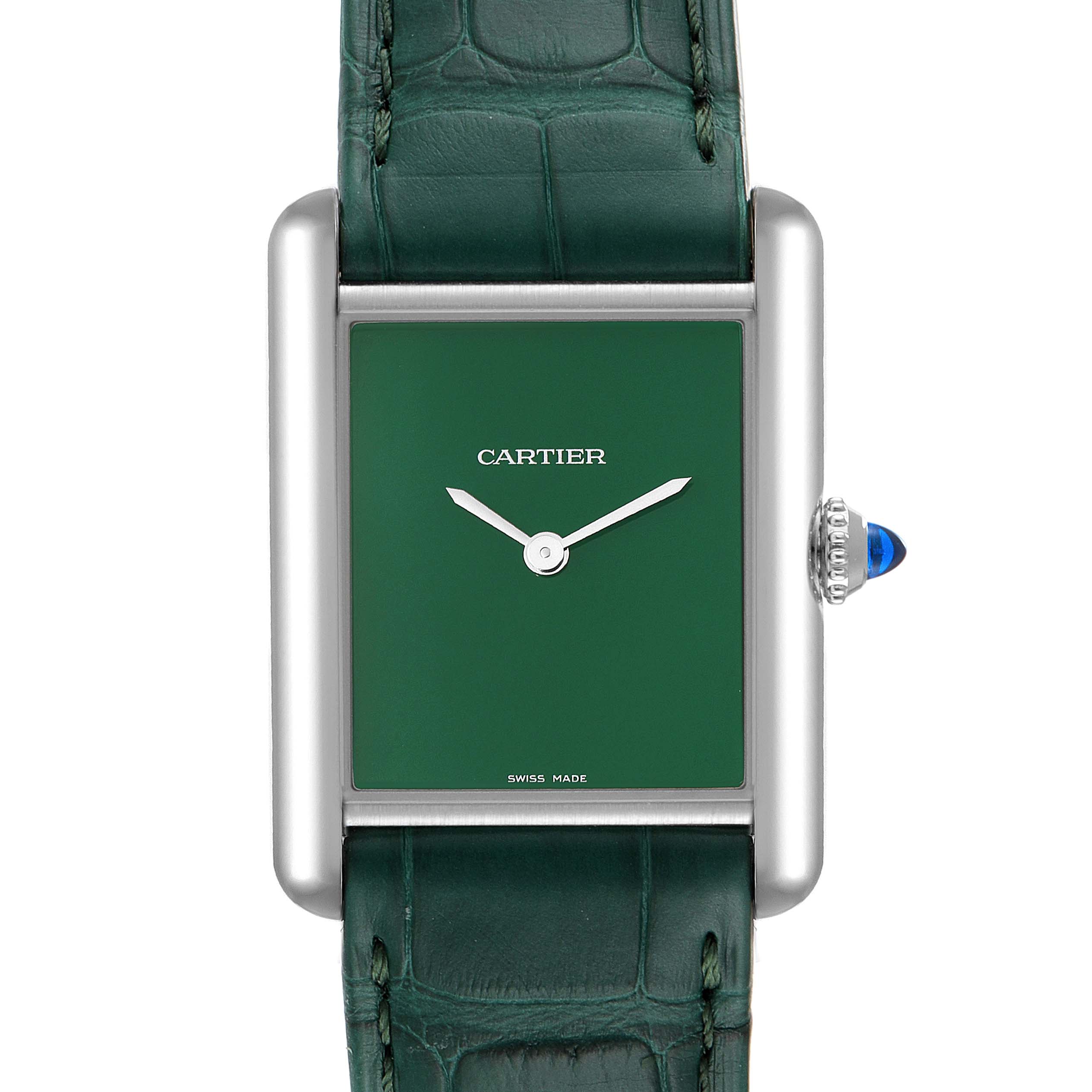 This image shows a Cartier Tank Must WSTA0056 Women's Stainless Steel Green Dial WSTA0056 Women's Stainless Steel Green Dial watch from a front angle, highlighting its green dial, green strap, and silver case with blue cabochon crown.