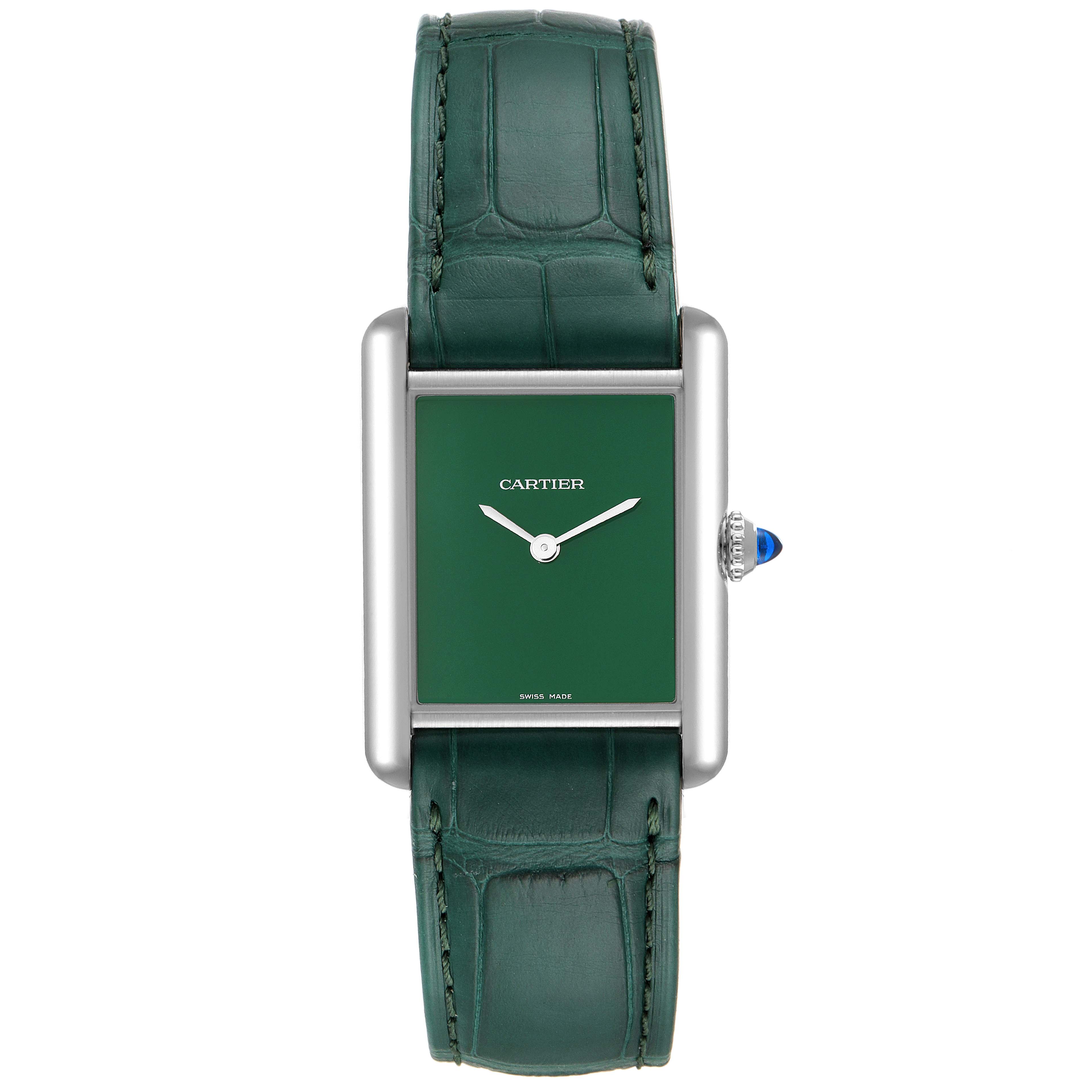 This image shows a front view of a Cartier Tank Must WSTA0056 Women's Stainless Steel Green Dial WSTA0056 Women's Stainless Steel Green Dial watch with a green dial and matching leather strap.