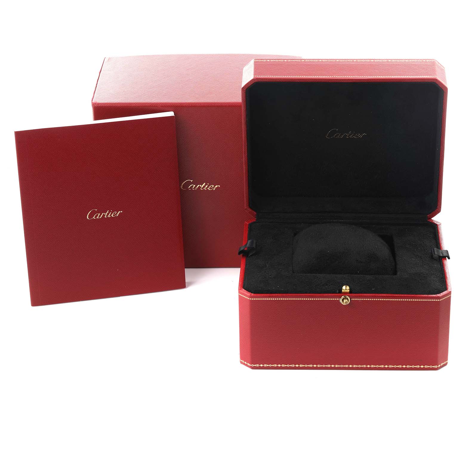 The Tank Solo by Cartier is shown with its open red box and a booklet, displaying the packaging prominently.