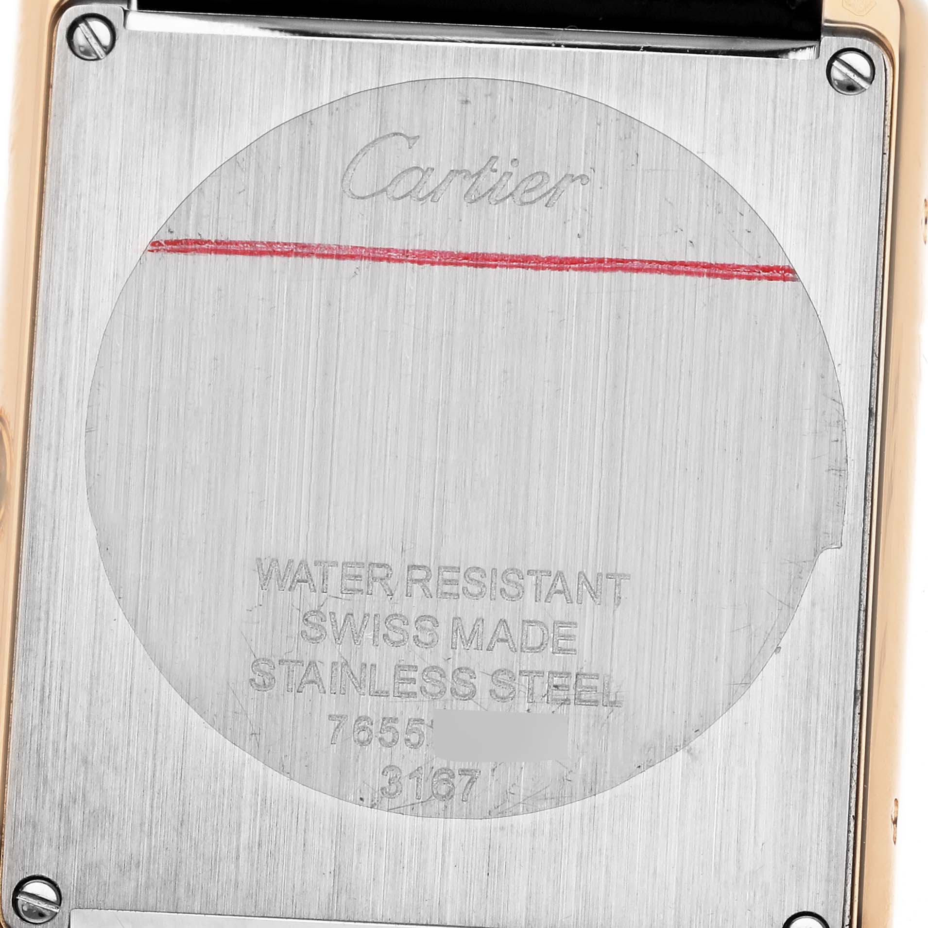 The image shows the back case of a Cartier Tank Solo W5200025 Men
s Steel and Gold (two tone) Silver Dial W5200025 Men
s Steel and Gold (two tone) Silver Dial watch, featuring engraving details.