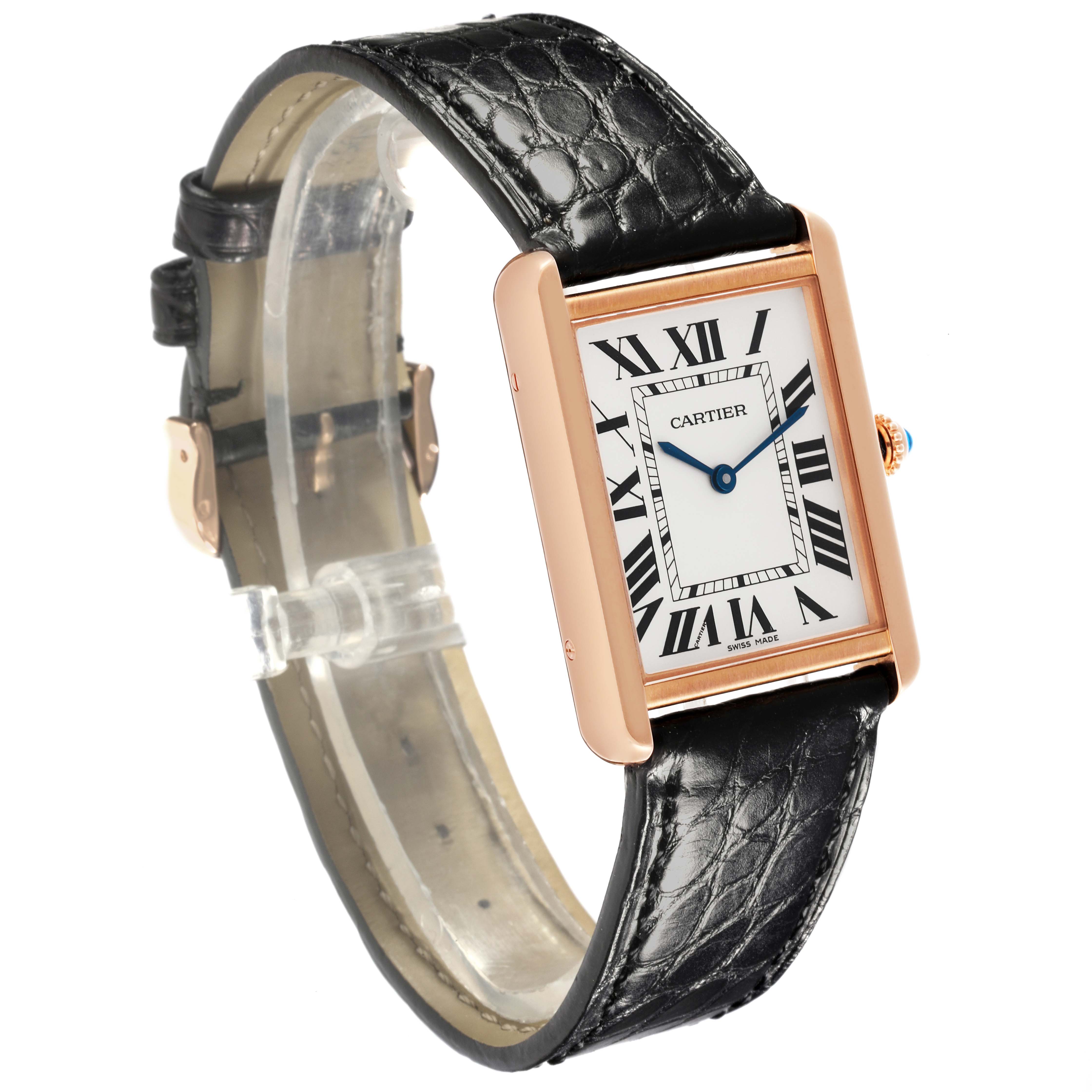 The Cartier Tank Solo W5200025 Men
s Steel and Gold (two tone) Silver Dial W5200025 Men
s Steel and Gold (two tone) Silver Dial watch is shown at an angled side view, displaying its rectangular case, Roman numeral dial, and leather strap.
