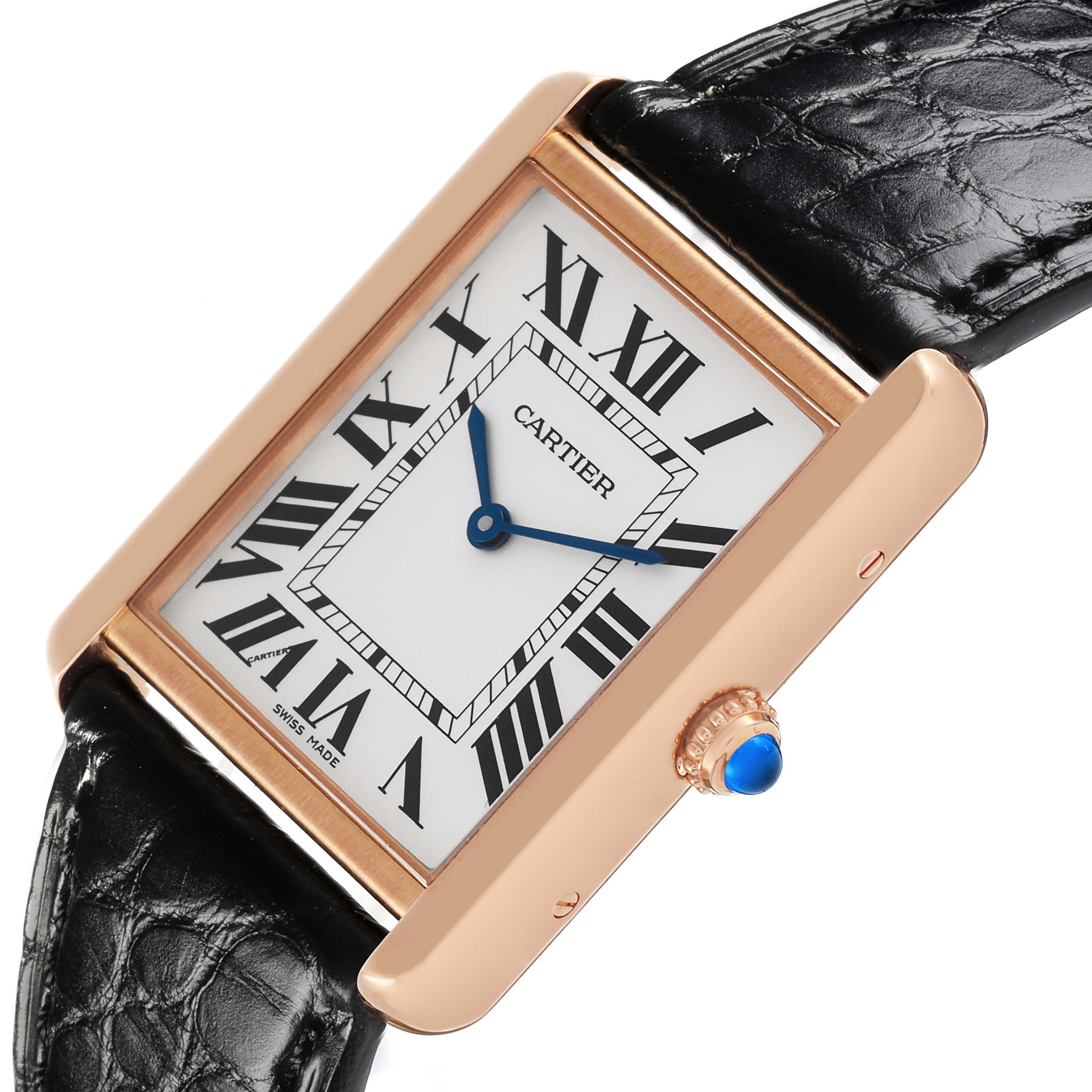 The Cartier Tank Solo W5200025 Men
s Steel and Gold (two tone) Silver Dial W5200025 Men
s Steel and Gold (two tone) Silver Dial watch is shown at an angle displaying the face, side, crown with a blue cabochon, and part of the black strap.