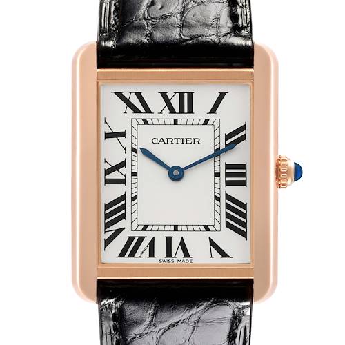 The image shows the Cartier Tank Solo watch face, case, lugs, and partial strap from a front angle.