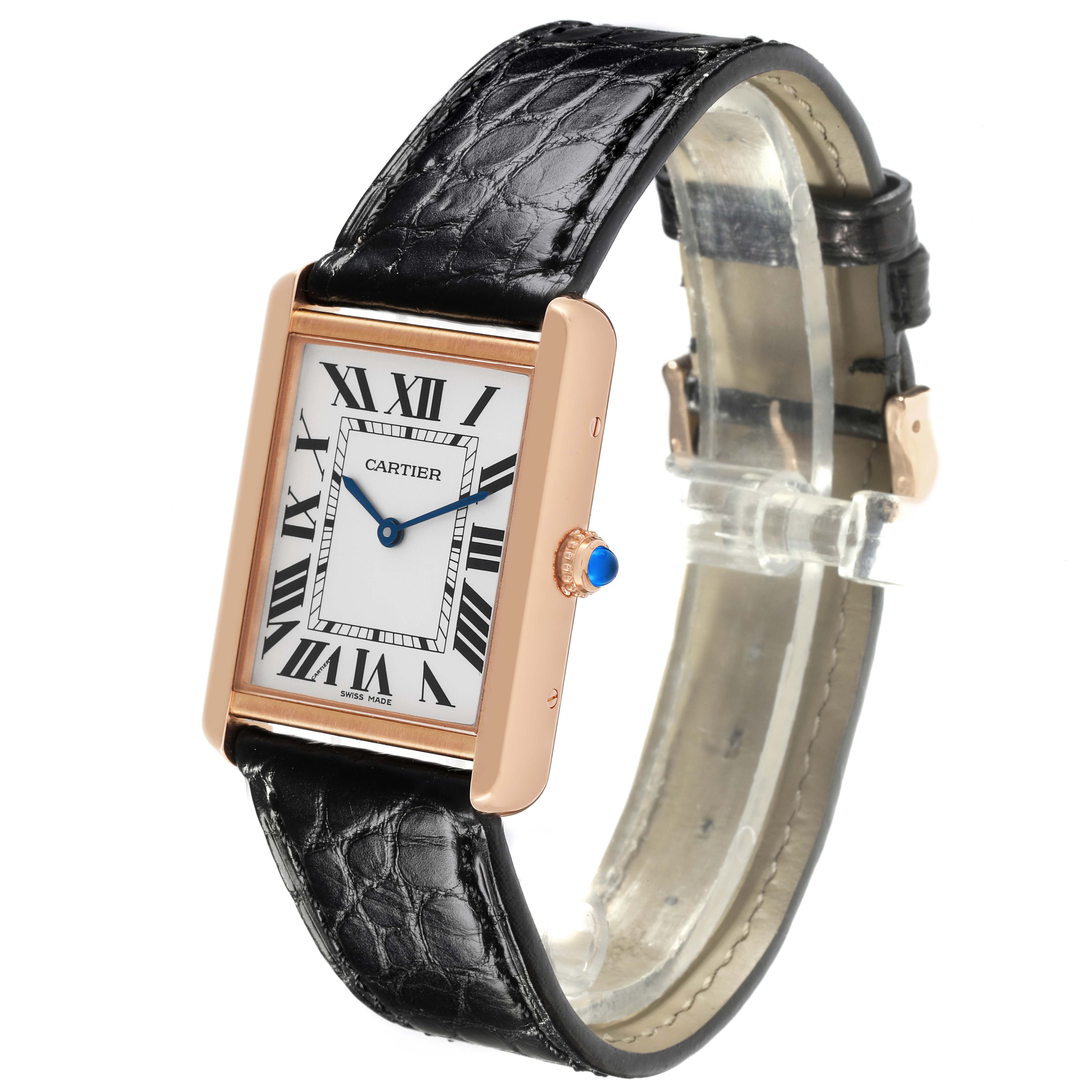 The Cartier Tank Solo W5200025 Men
s Steel and Gold (two tone) Silver Dial W5200025 Men
s Steel and Gold (two tone) Silver Dial watch is shown at a three-quarter angle, highlighting the face, crown, and leather strap.