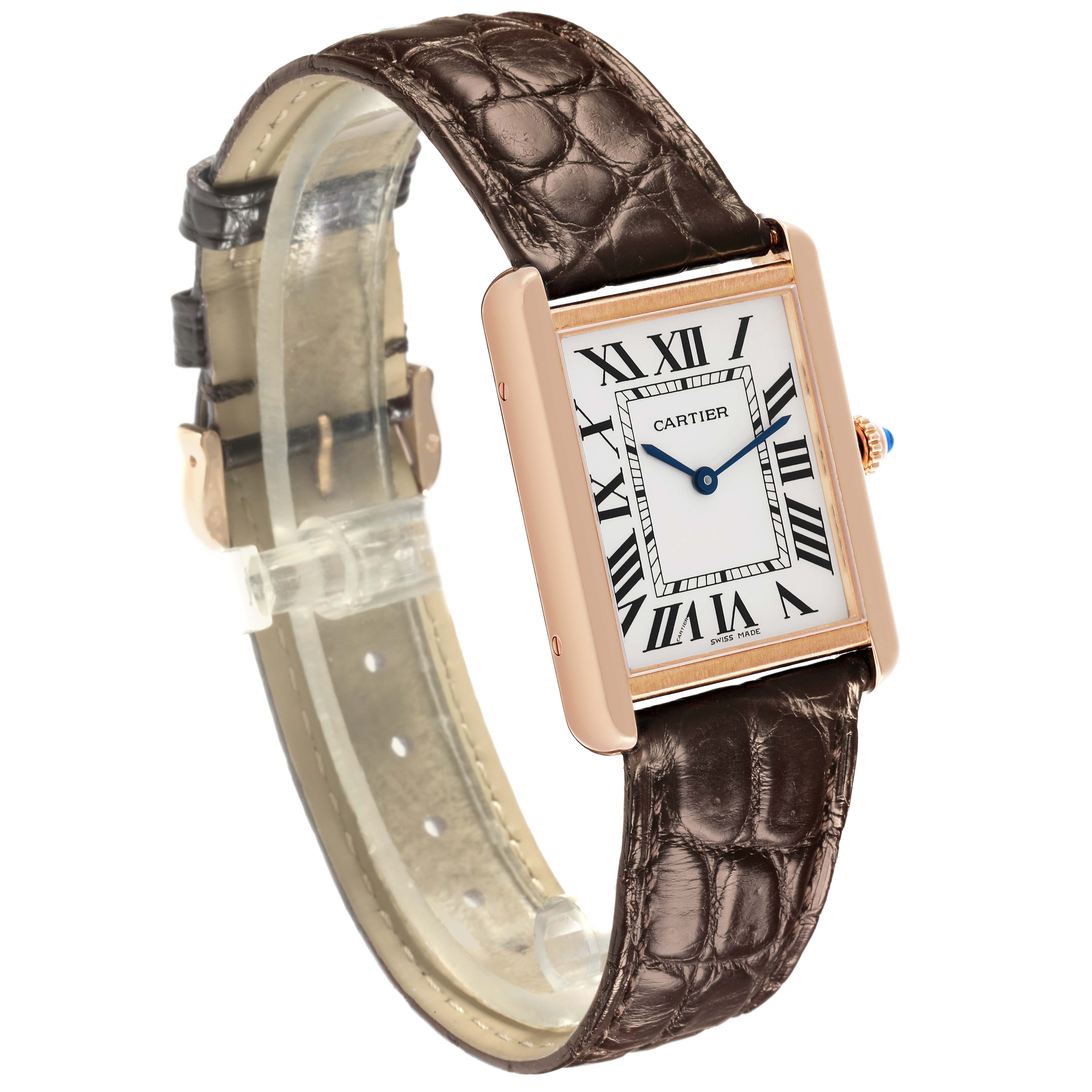The Cartier Tank Solo W5200025 Men's Steel and Gold (two tone) Silver Dial W5200025 Men's Steel and Gold (two tone) Silver Dial watch is shown at a slight angle, displaying the face, case, and leather strap in detail.