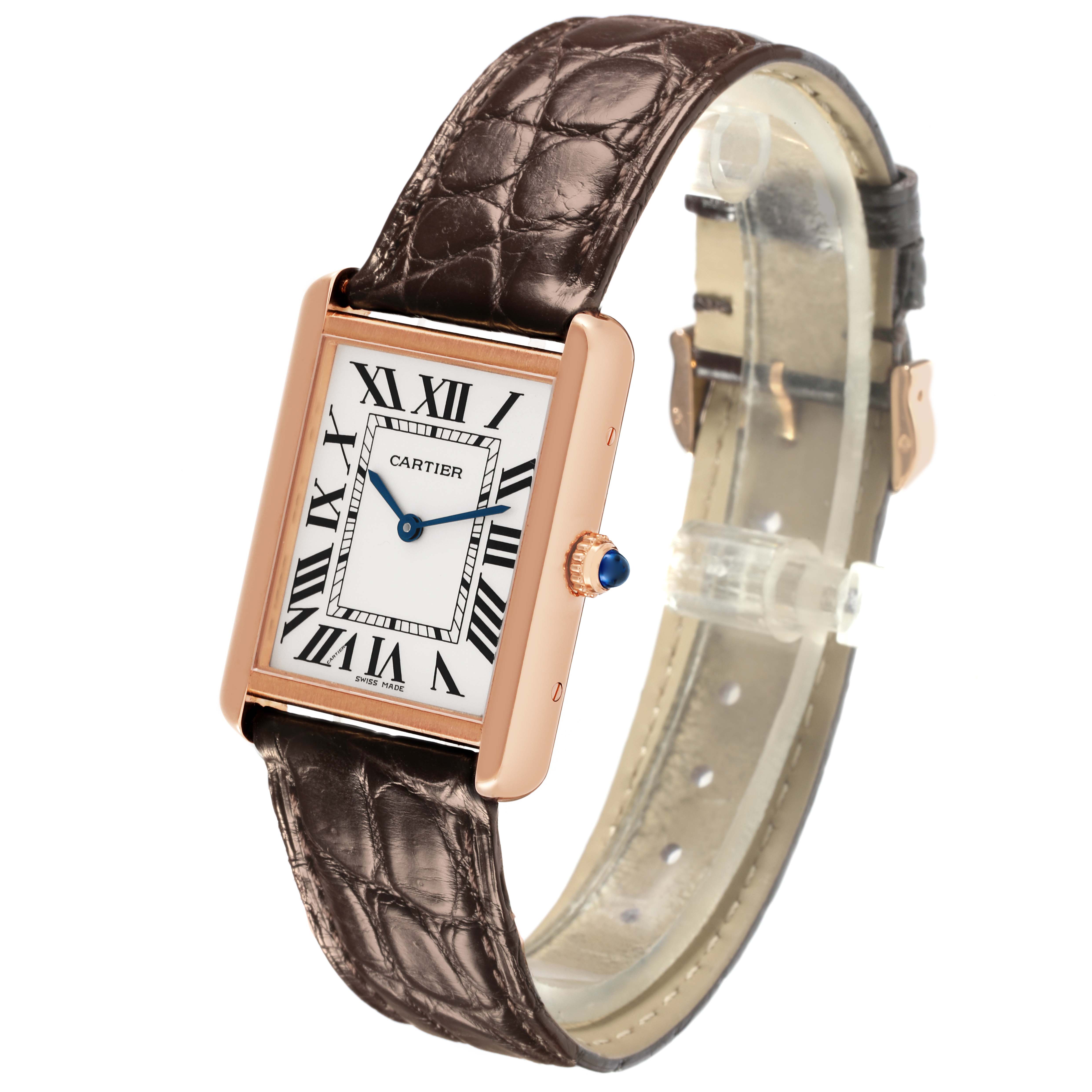 The Cartier Tank Solo W5200025 Men's Steel and Gold (two tone) Silver Dial W5200025 Men's Steel and Gold (two tone) Silver Dial watch is shown at an angle displaying its face, case, crown, and leather strap.