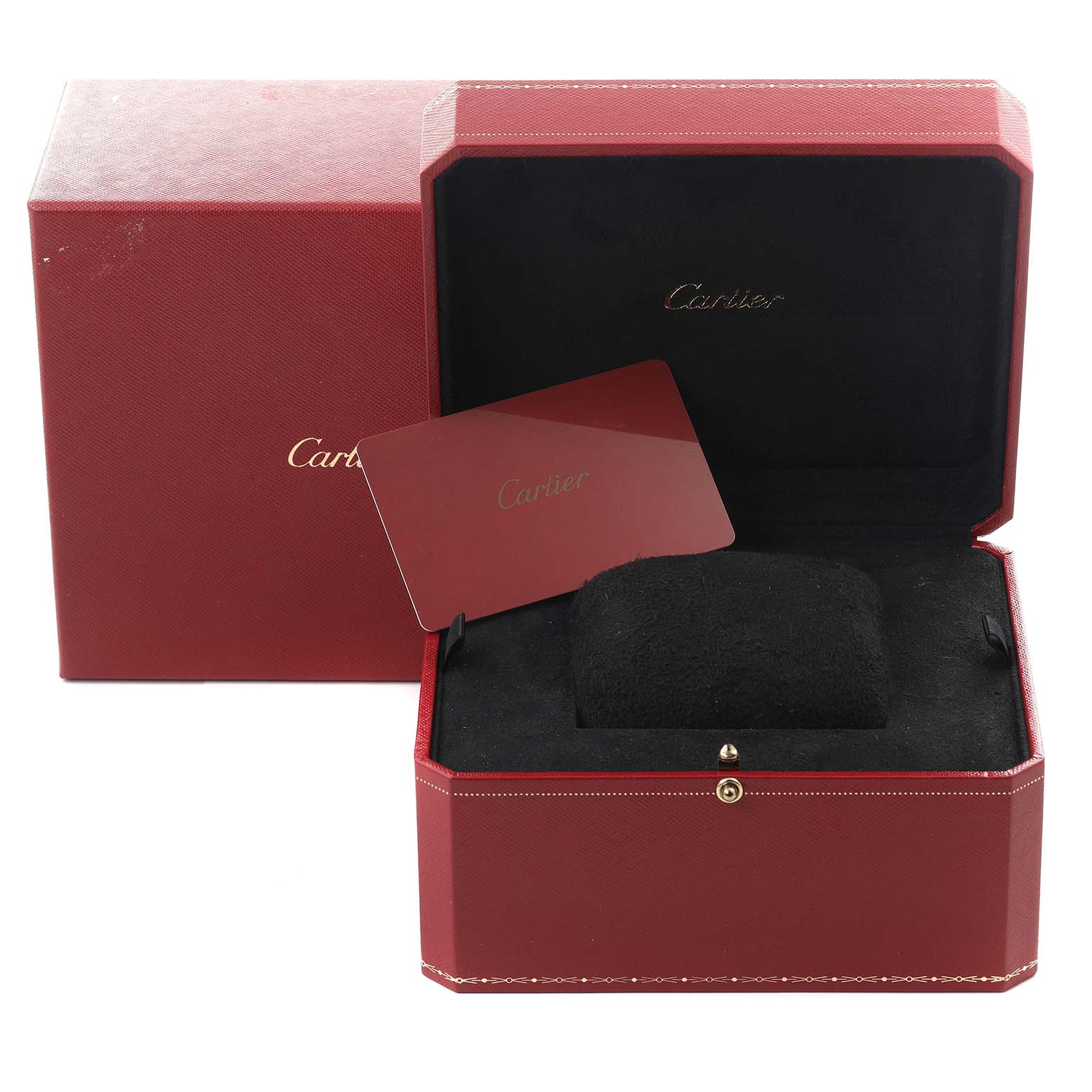 The image shows a Cartier Tank Solo W5200025 Men's Steel and Gold (two tone) Silver Dial W5200025 Men's Steel and Gold (two tone) Silver Dial watch box and accessories from a front angle.