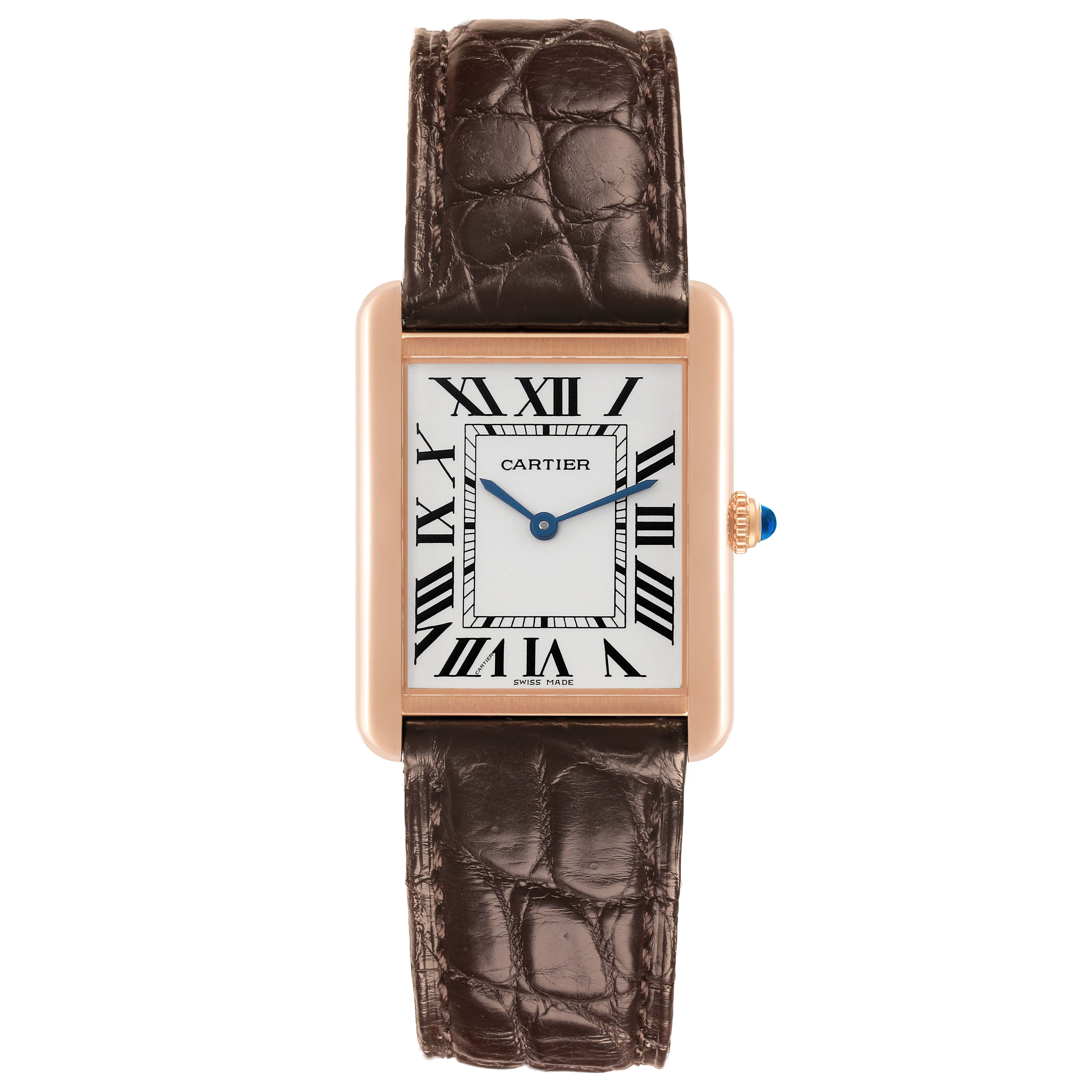 The Cartier Tank Solo W5200025 Men's Steel and Gold (two tone) Silver Dial W5200025 Men's Steel and Gold (two tone) Silver Dial watch is shown from the front, displaying its face, case, and leather strap.