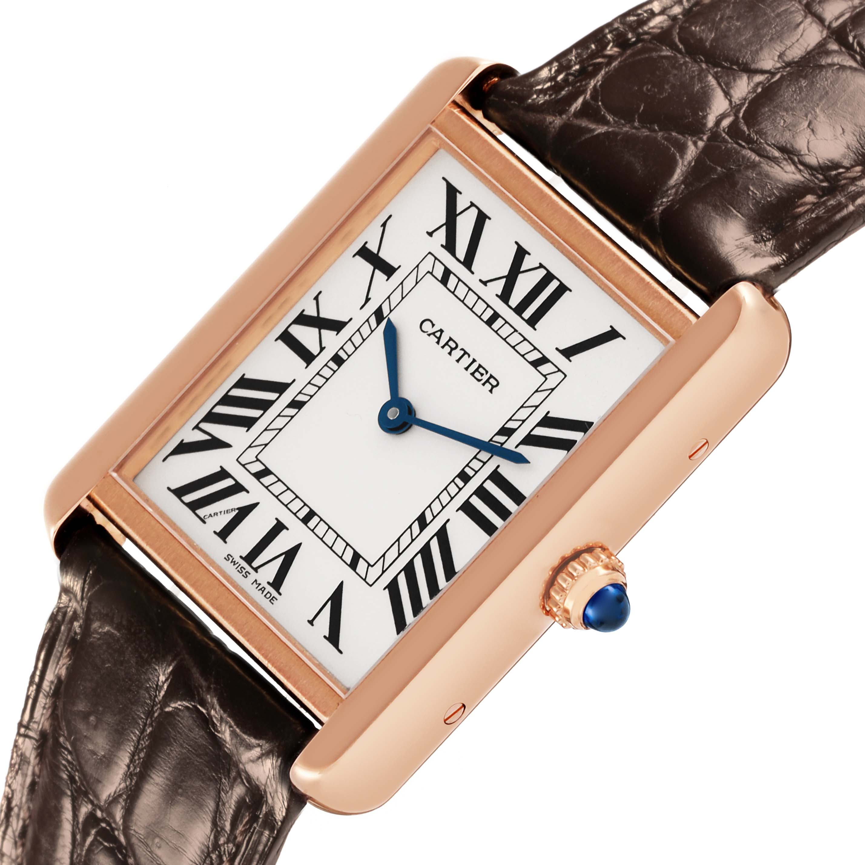 The Cartier Tank Solo W5200025 Men's Steel and Gold (two tone) Silver Dial W5200025 Men's Steel and Gold (two tone) Silver Dial watch is shown at an angled top view, highlighting the face, strap, and crown with a blue cabochon.