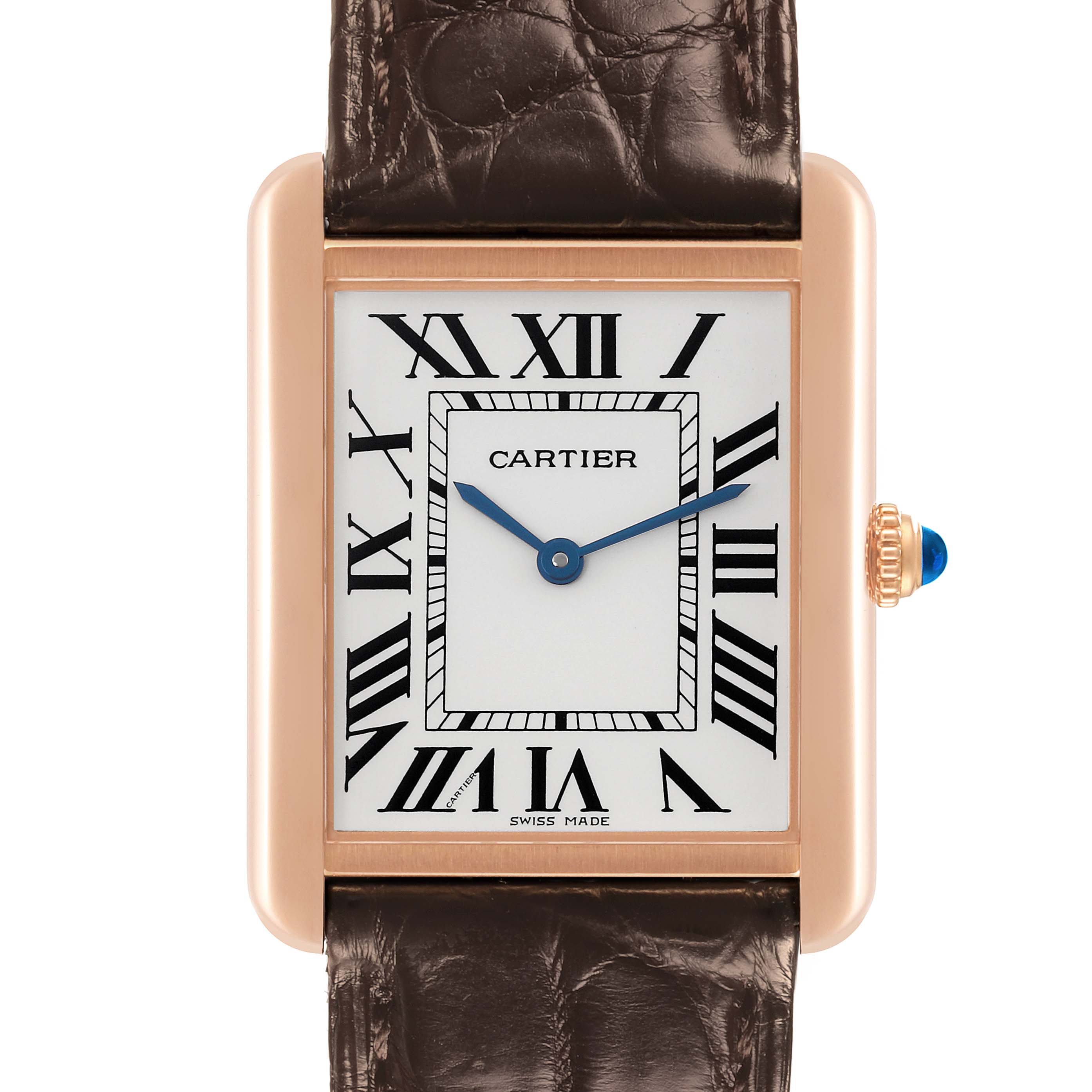 The Cartier Tank Solo W5200025 Men's Steel and Gold (two tone) Silver Dial W5200025 Men's Steel and Gold (two tone) Silver Dial watch is shown from the front, displaying the face, leather strap, and crown detail.