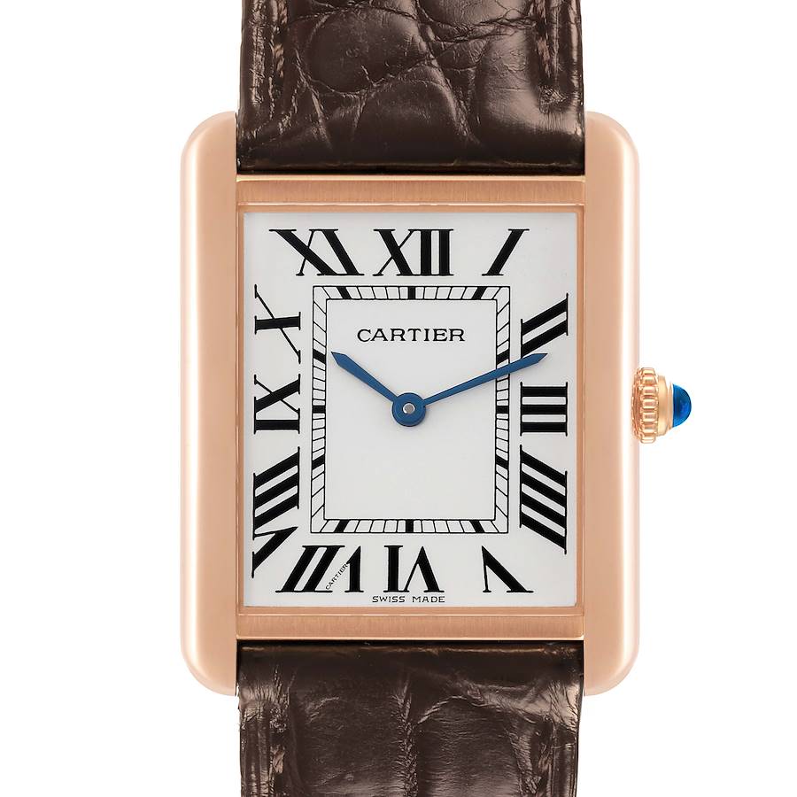 The Cartier Tank Solo watch is shown from the front, displaying the face, leather strap, and crown detail.