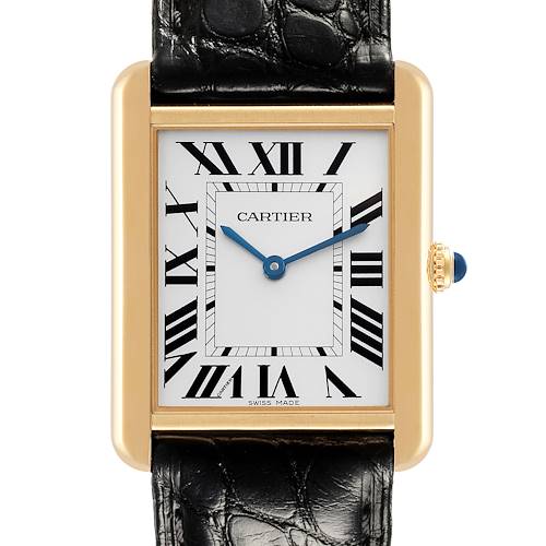 The Cartier Tank Solo watch is shown from the front with its rectangular face, Roman numerals, and leather strap.